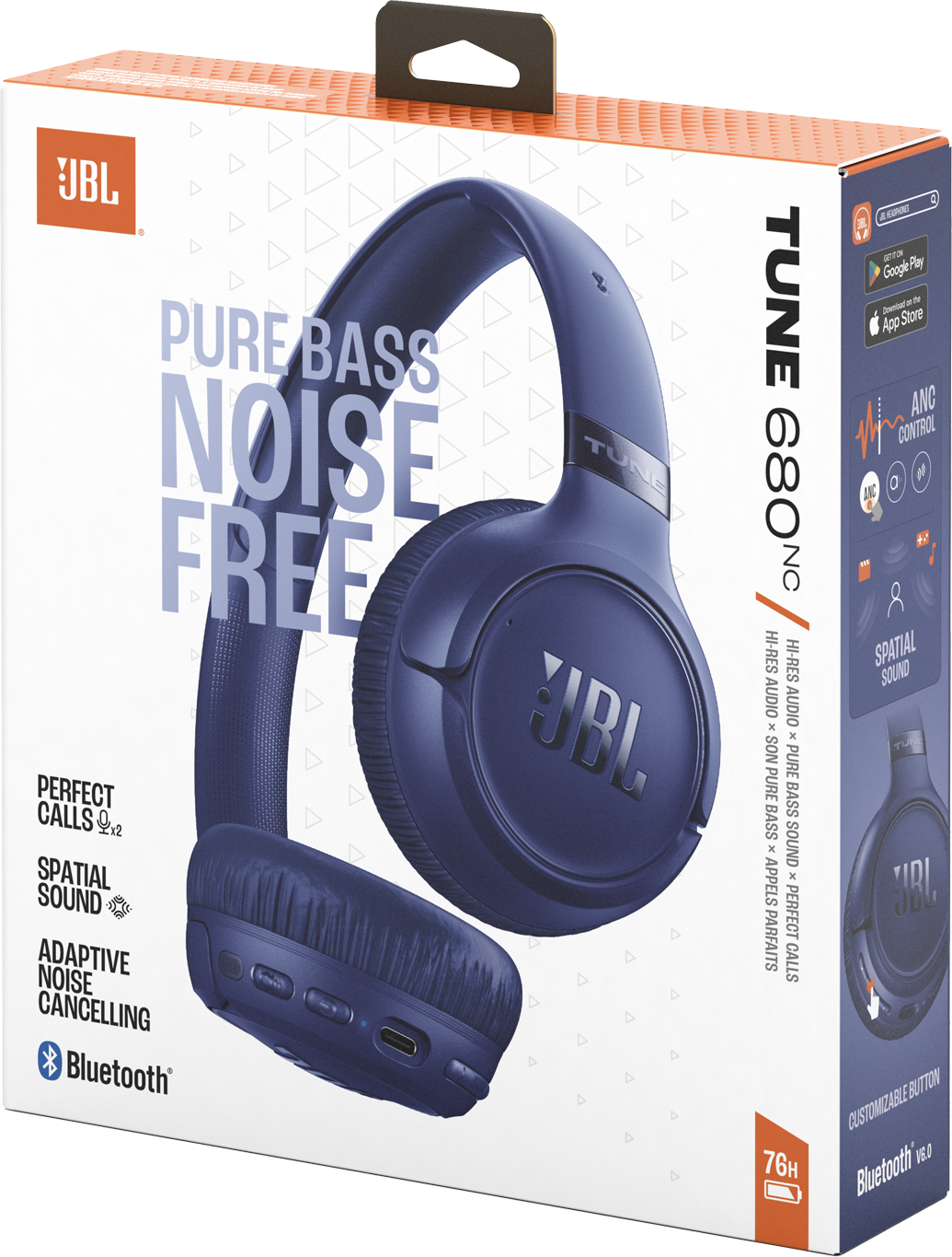 Sötétkék JBL Tune 680NC fejhallgató dobozban, szöveggel.