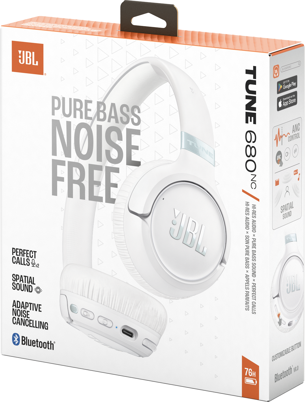 Fehér JBL Tune 680NC fejhallgató fehér csomagoláson, szöveggel.