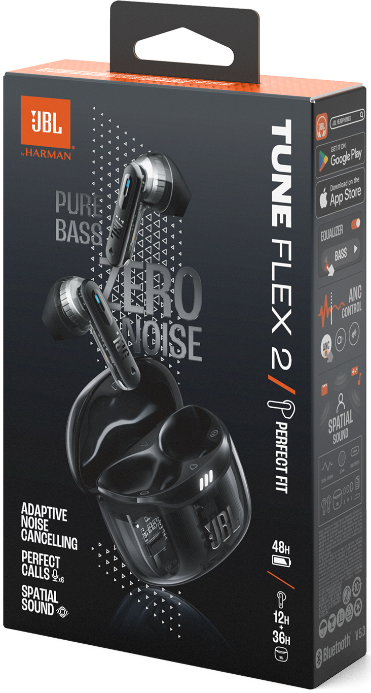 JBL Tune Flex 2 fülhallgató csomagolás fekete fülhallgatókkal és töltőtokkal.