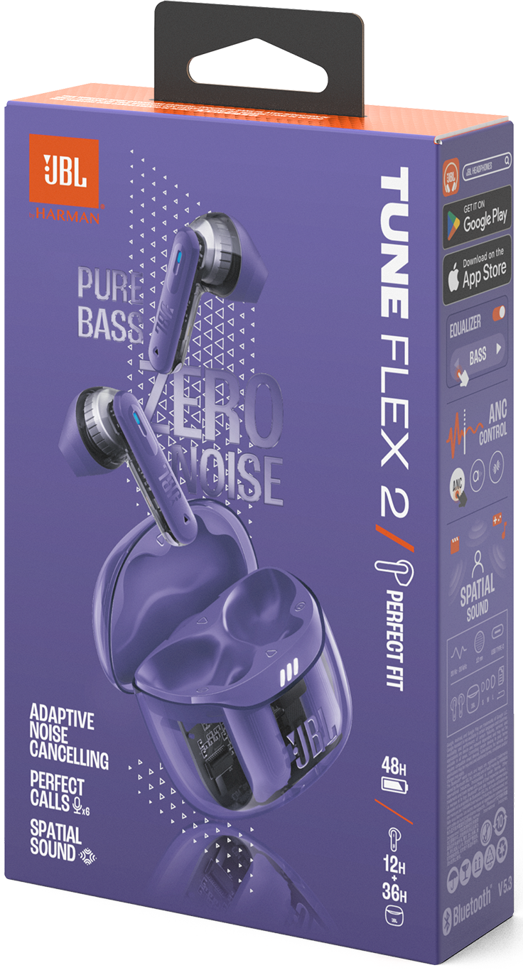 Lila JBL Tune Flex 2 fülhallgató doboz Pure Bass és Zero Noise felirattal.
