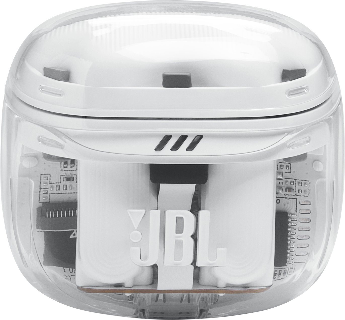Átlátszó fehér fülhallgató tok, látható elektronikával és JBL logóval.