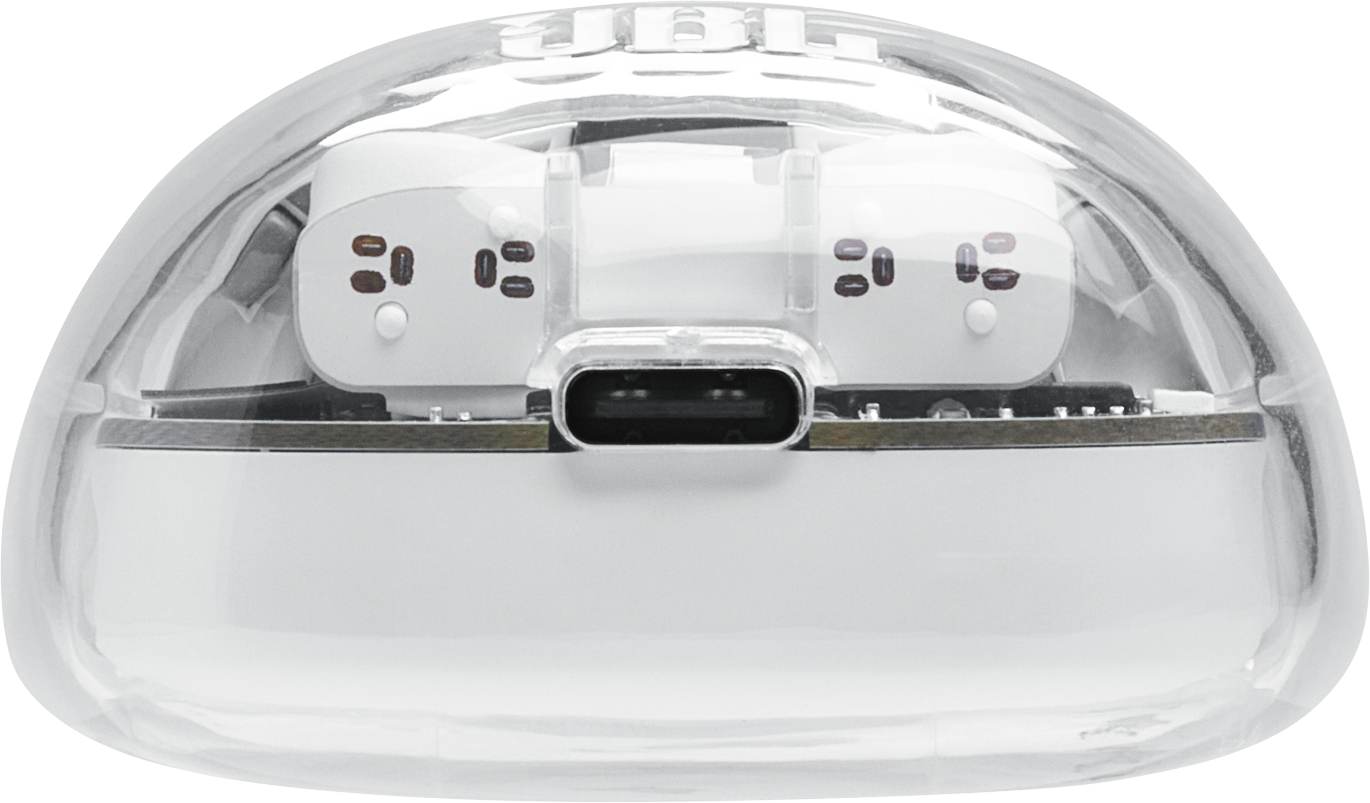 Átlátszó fedél USB-C porttal és fehér LED-ekkel.