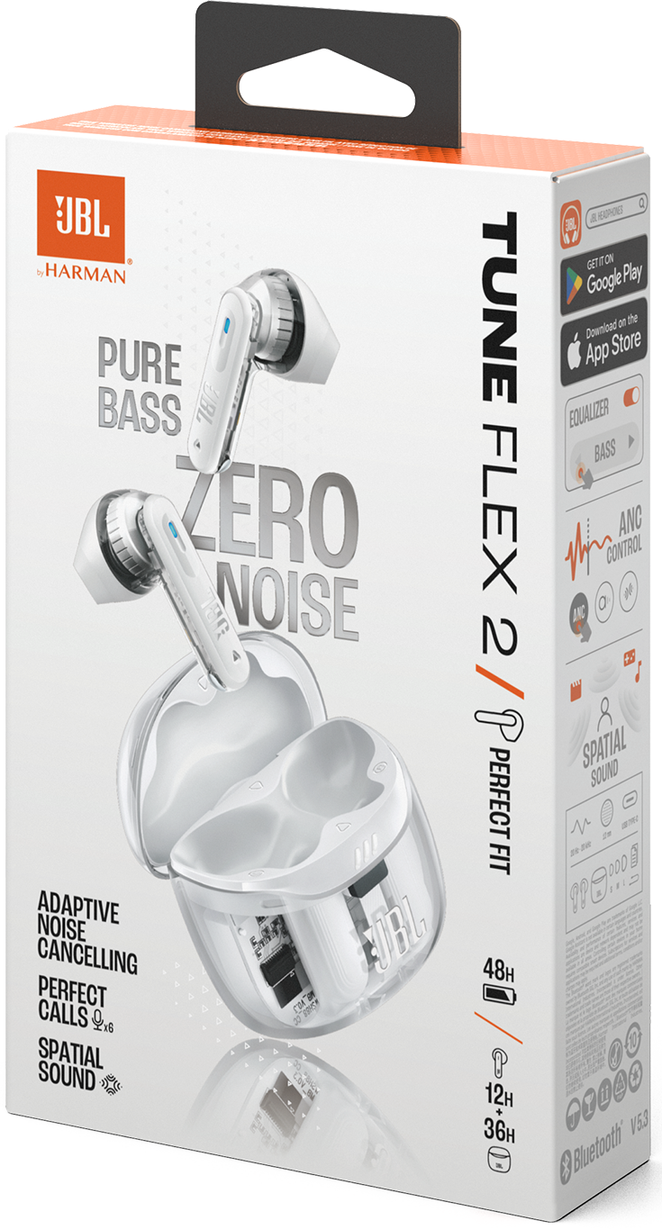 JBL Tune Flex 2 vezeték nélküli fülhallgató csomagolása Pure Bass és Zero Noise funkciókkal.