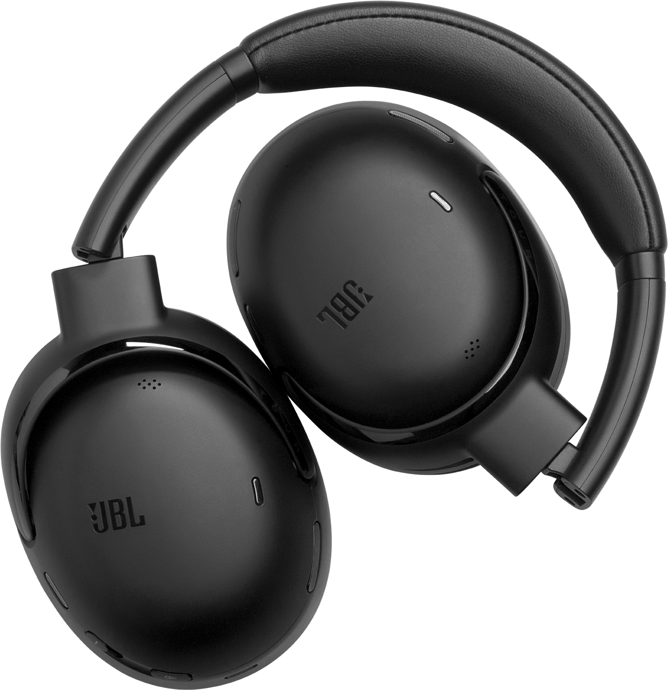 Fekete JBL fejhallgató párnázott fejpánttal, fekete háttérrel.