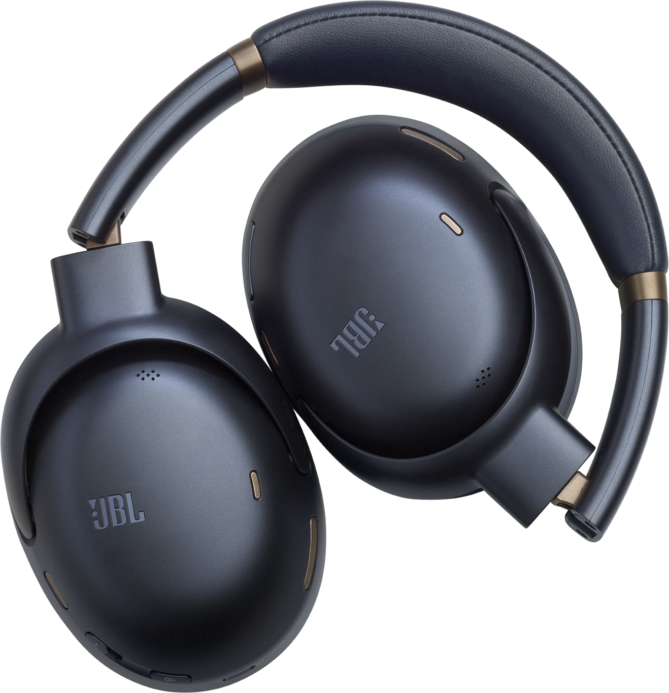 Sötétkék JBL fejhallgató arany díszítéssel, fekete háttéren.