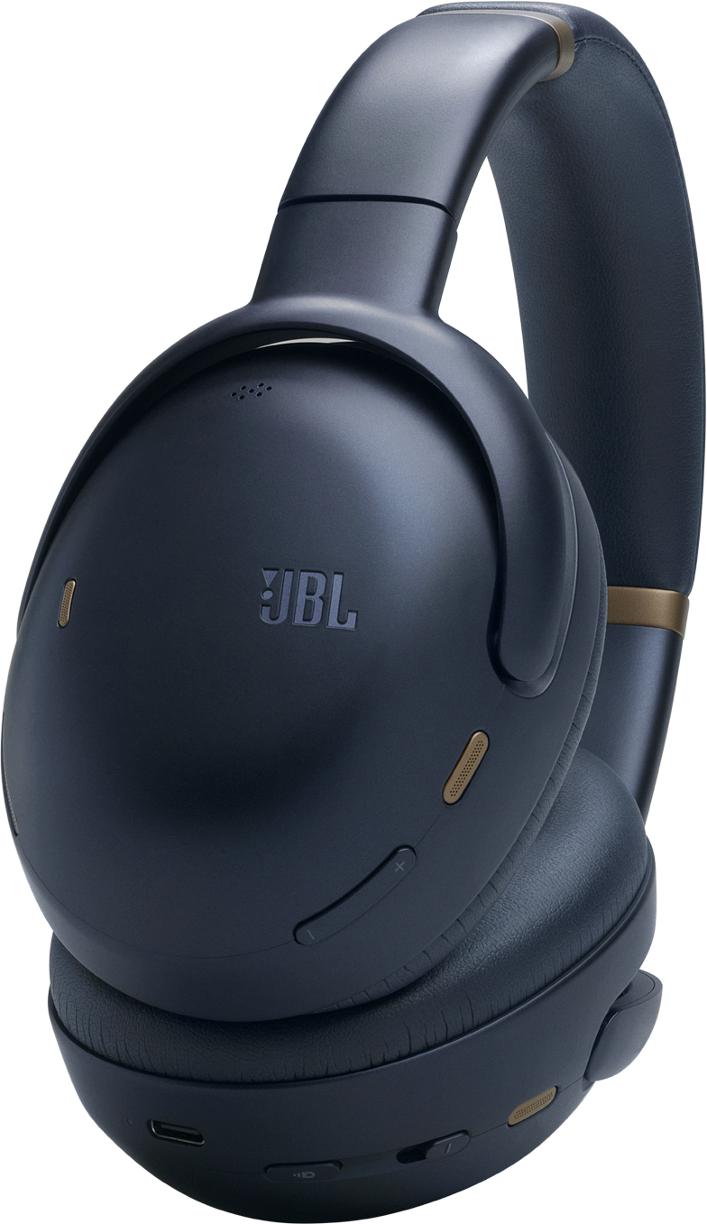 Sötétkék JBL fejhallgató arany díszítéssel, közelkép.