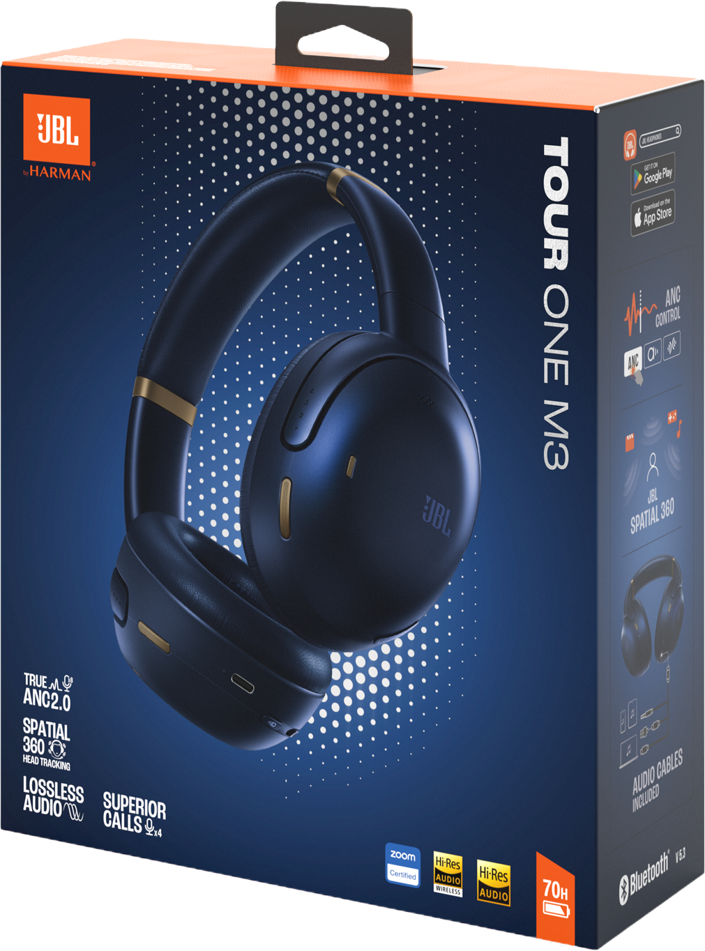 JBL Tour One M3 fejhallgató doboz fejhallgatóval, funkciókkal és logókkal.