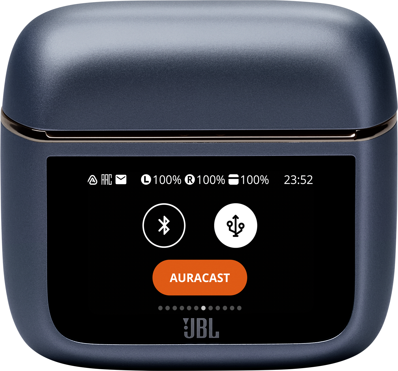 Sötétszürke töltőtok kijelzővel: Auracast, Bluetooth, akku 100%, 23:52.