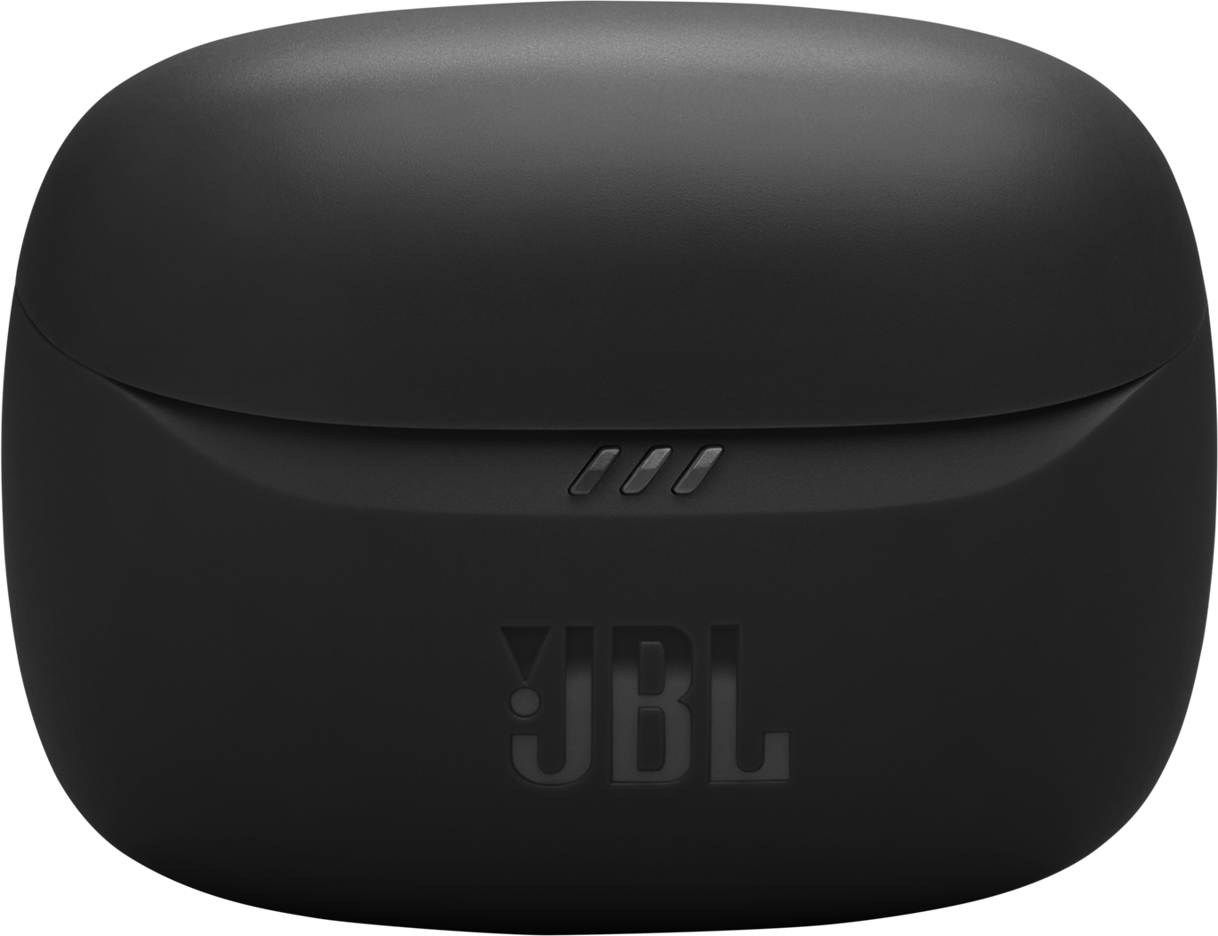 Fekete JBL fülhallgató töltőtok három jelzőfénnyel és logóval.
