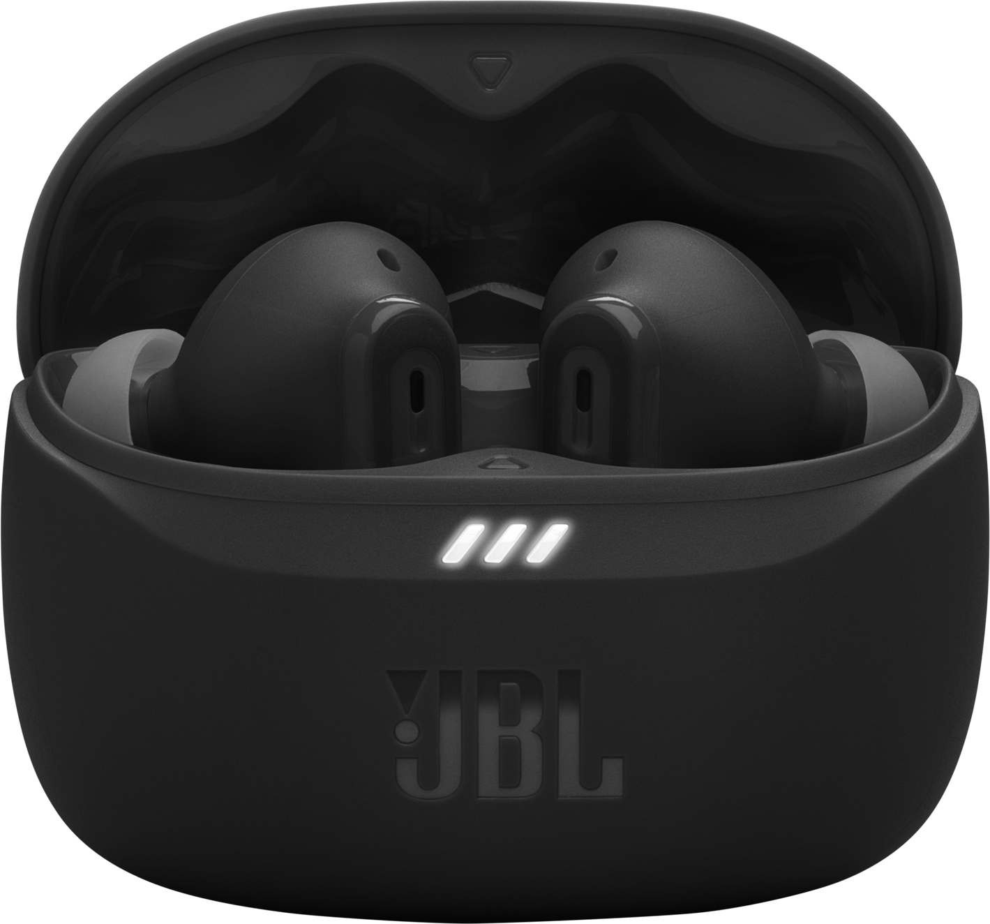 Fekete vezeték nélküli JBL fülhallgatók nyitott töltőtokban, világító LED-ekkel.