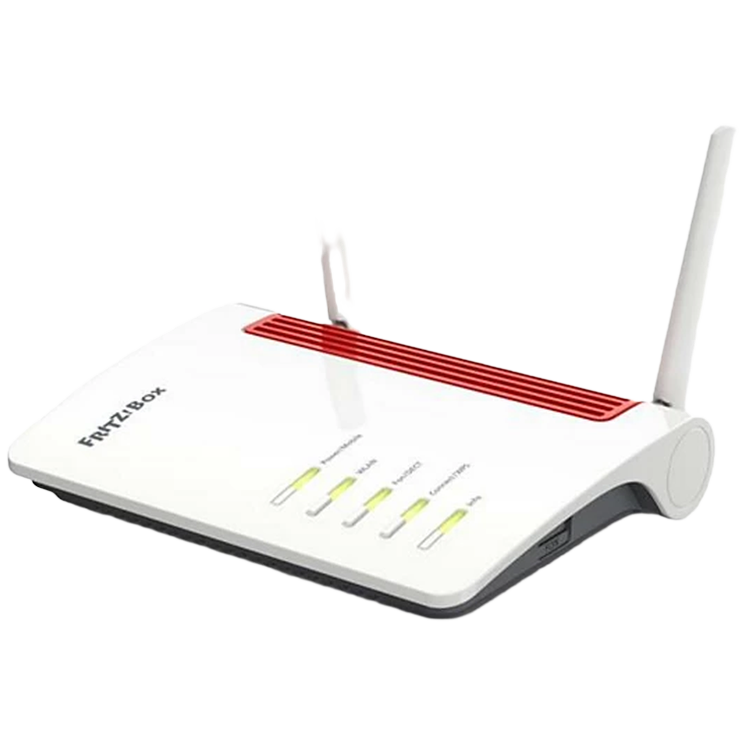 Een witte Fritz!Box router met rode ventilatieopeningen en antennes.