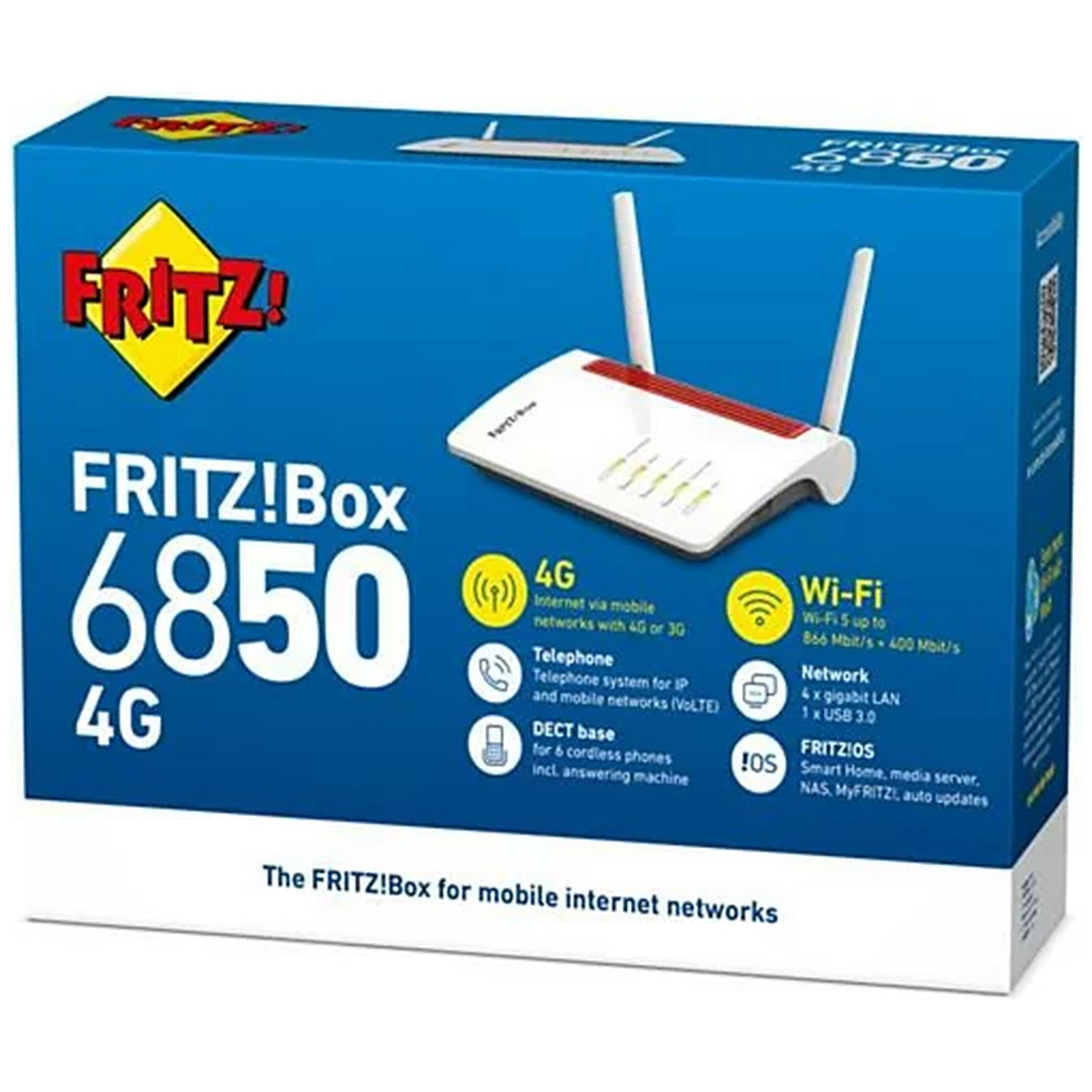 FRITZ!Box 6850 4G router met antennes op blauwe doos met productdetails.
