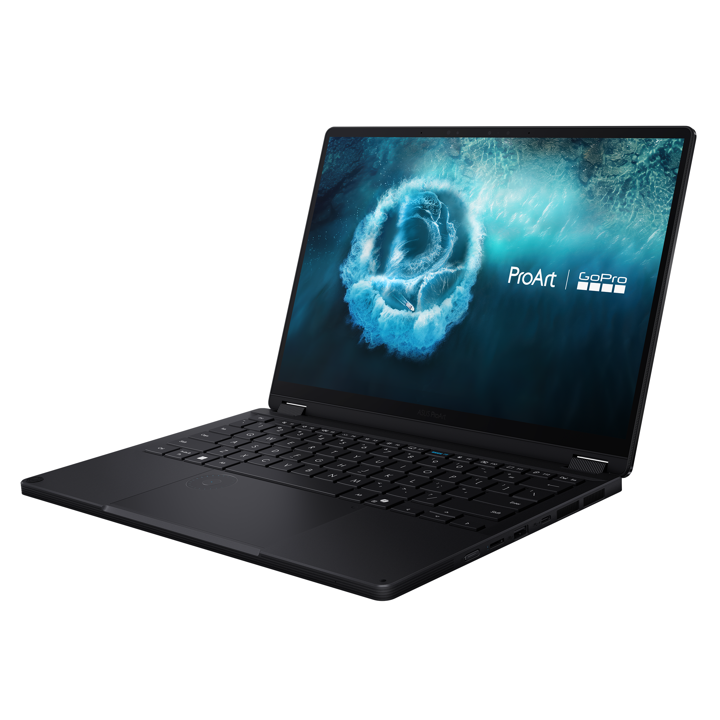 Ein schwarzer Laptop mit einem Bild von einem Boot, das auf dem Wasser surft.