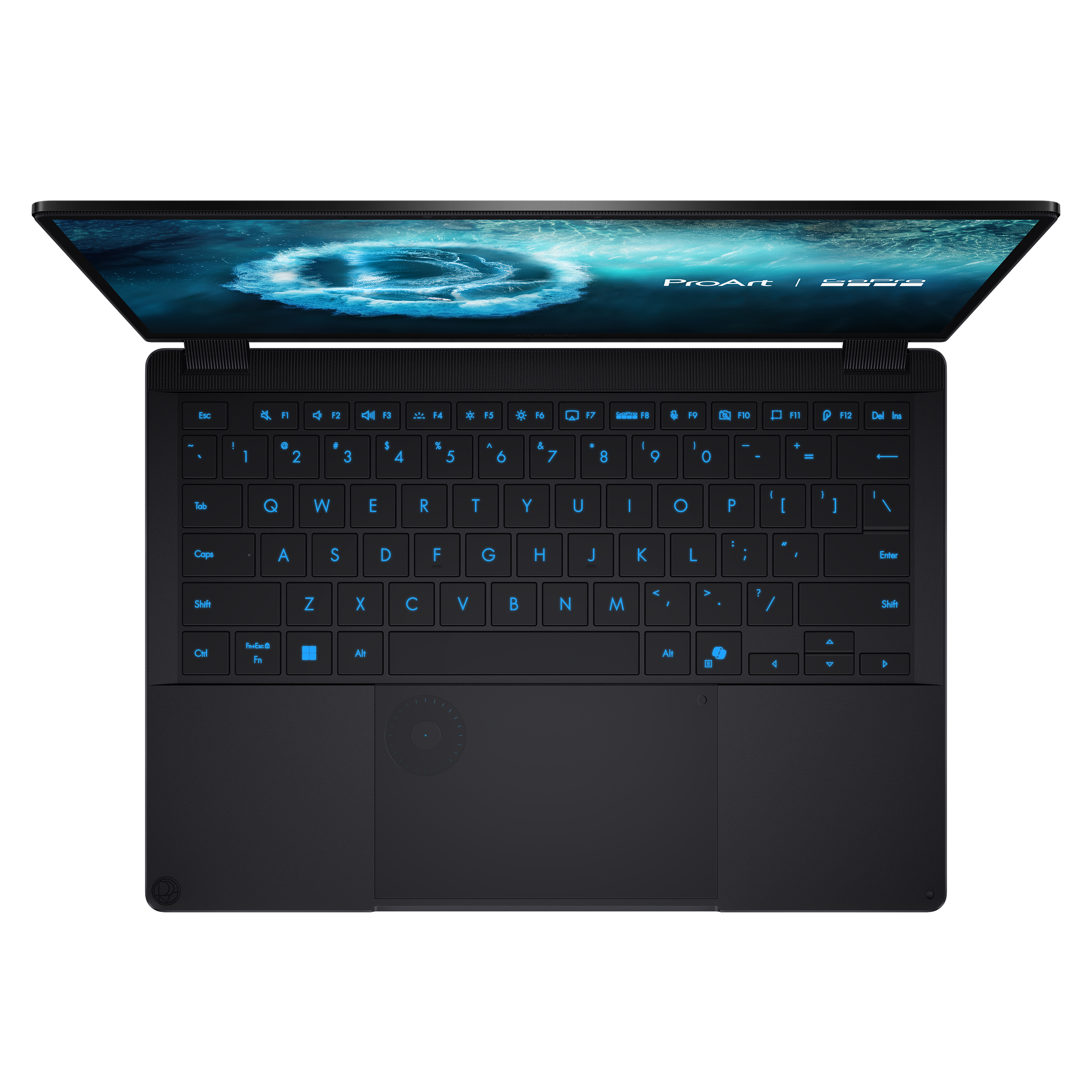 Ein geöffneter schwarzer Laptop mit blauer Tastaturbeleuchtung und einem Bild auf dem Bildschirm.