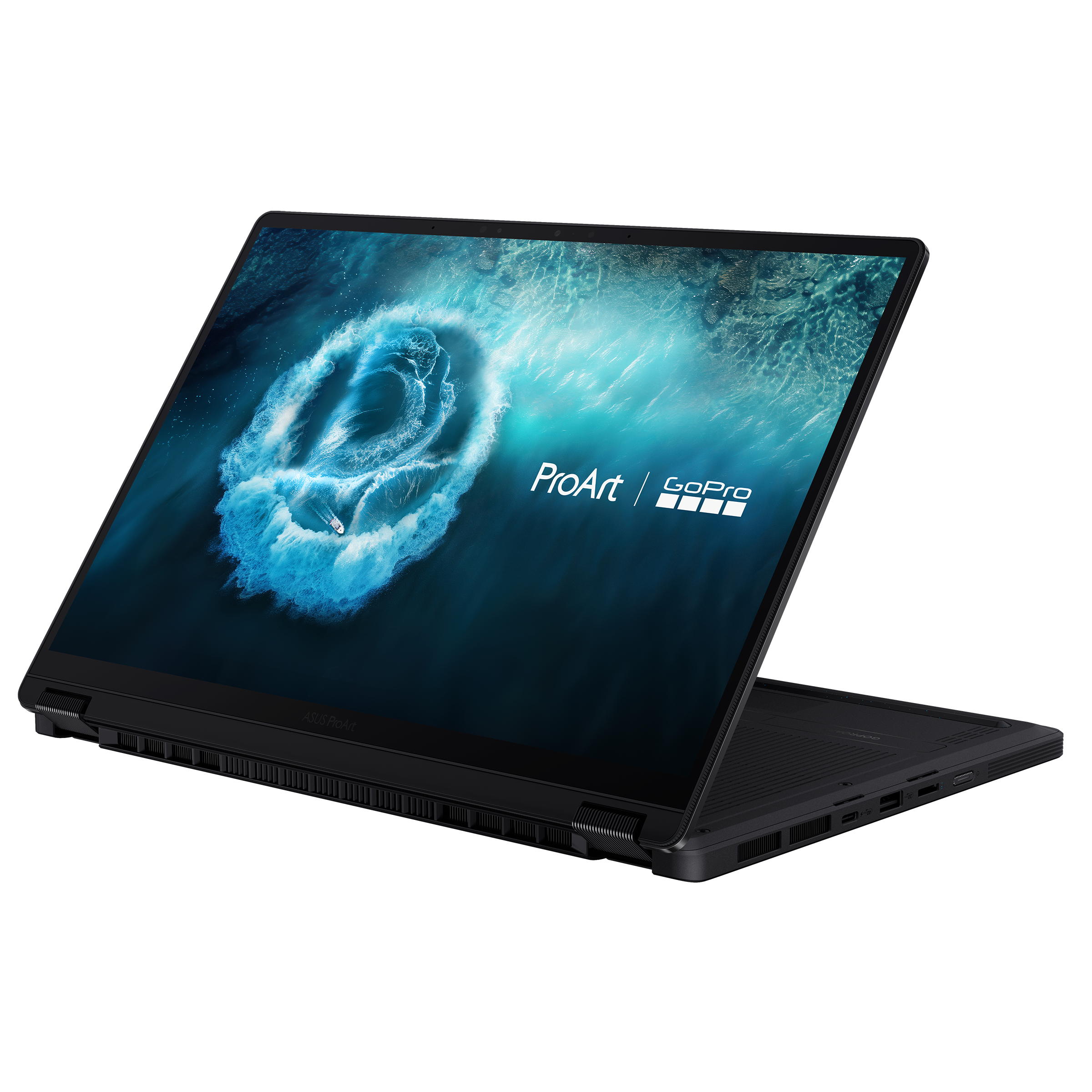 Ein schwarzes Laptop mit einem Wellenmotiv und dem ProArt- und GoPro-Logo auf dem Bildschirm.