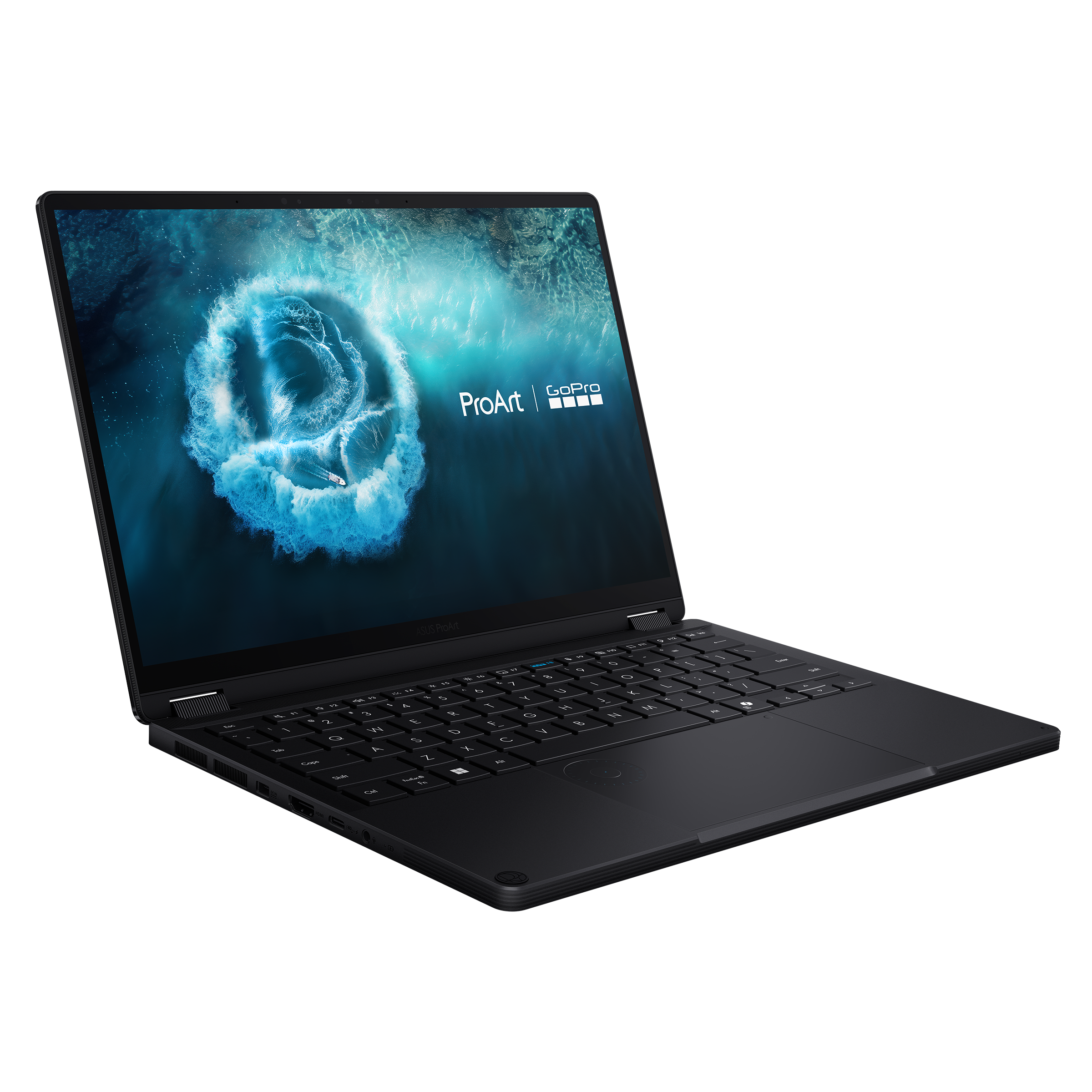 Ein schwarzer Laptop mit dem ProArt und GoPro Logo auf dem Bildschirm.