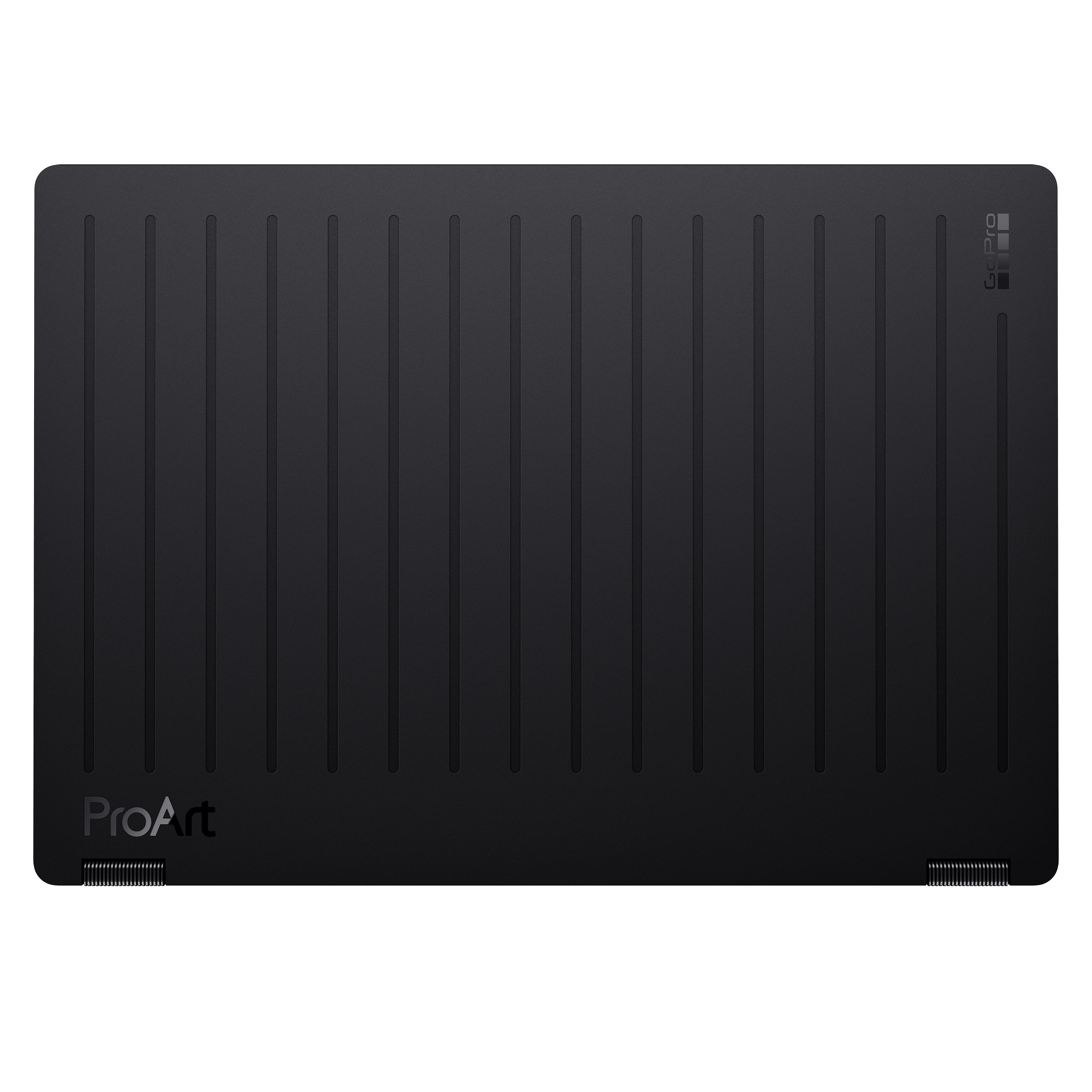Schwarzes ProArt Tablet mit vertikalen Rillen und kleinen Symbolen oben rechts.