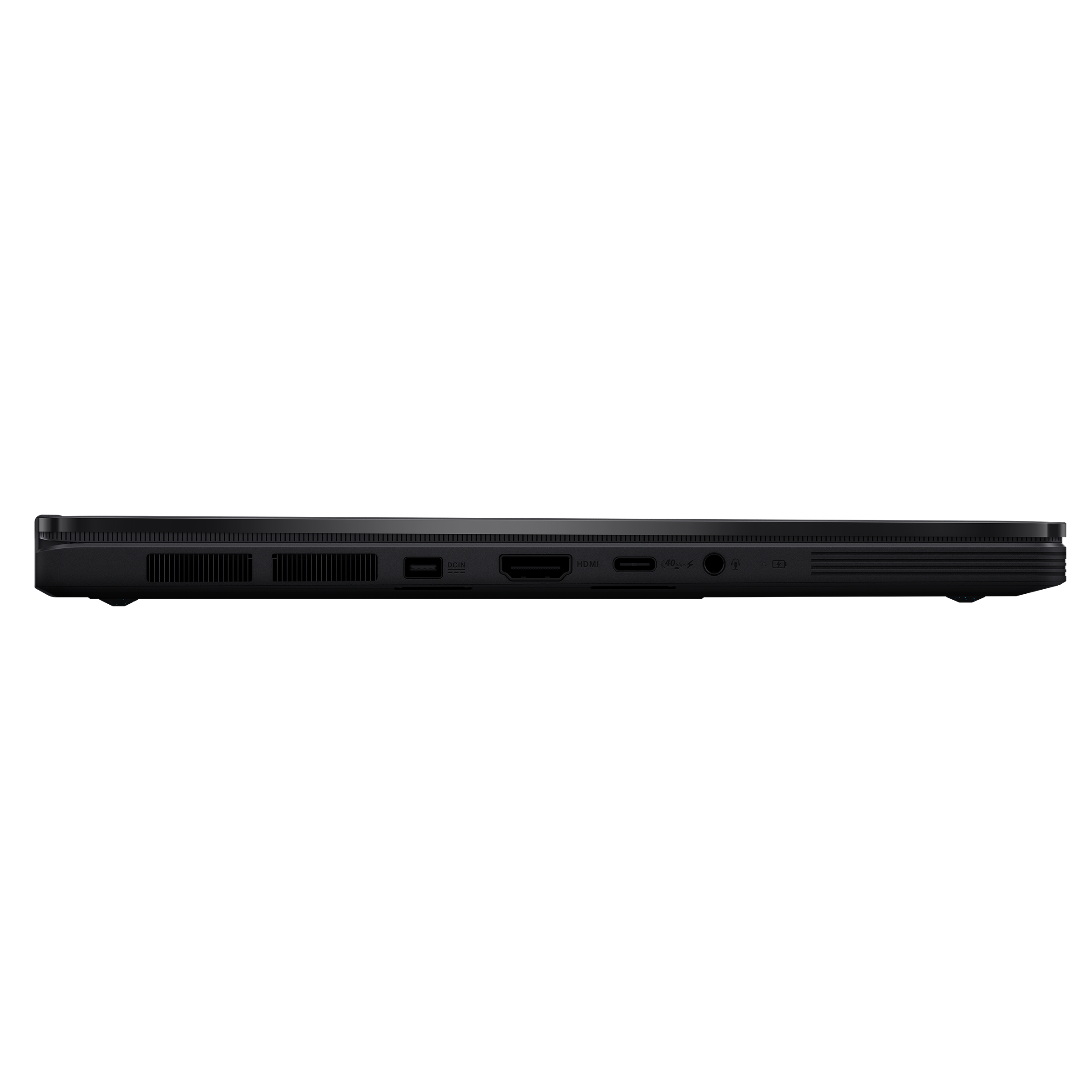 Seitenansicht eines schwarzen Laptops mit Anschlüssen: USB, DCIN, HDMI, USB-C und Audio.