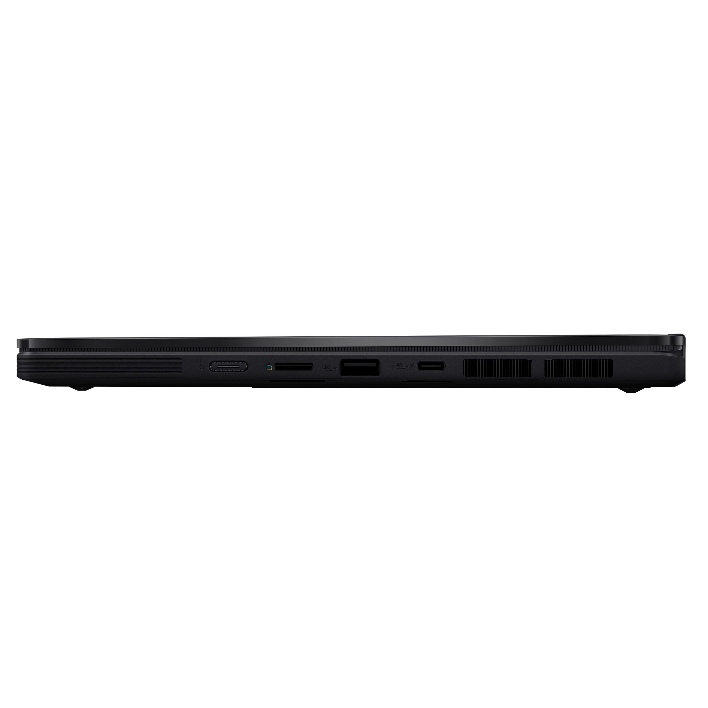 Schwarzer Laptop mit Anschlüssen: SD-Kartenleser, USB-A, USB-C, Netzschalter.