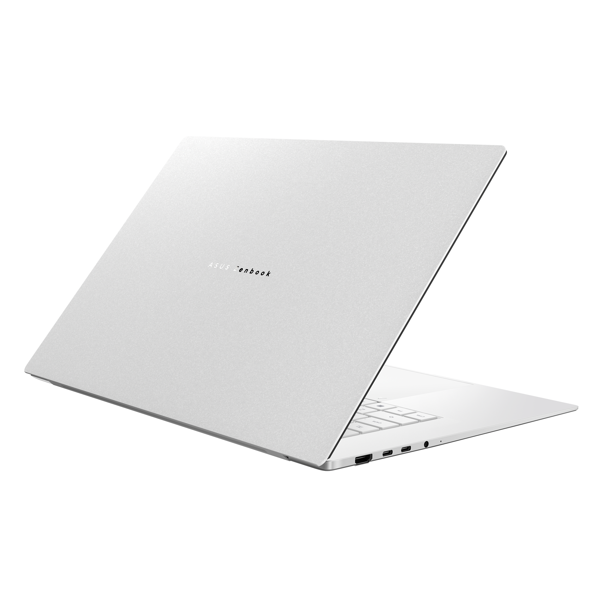 Ein silberner ASUS Zenbook Laptop, geöffnet, mit Blick auf die Tastatur und Anschlüsse.