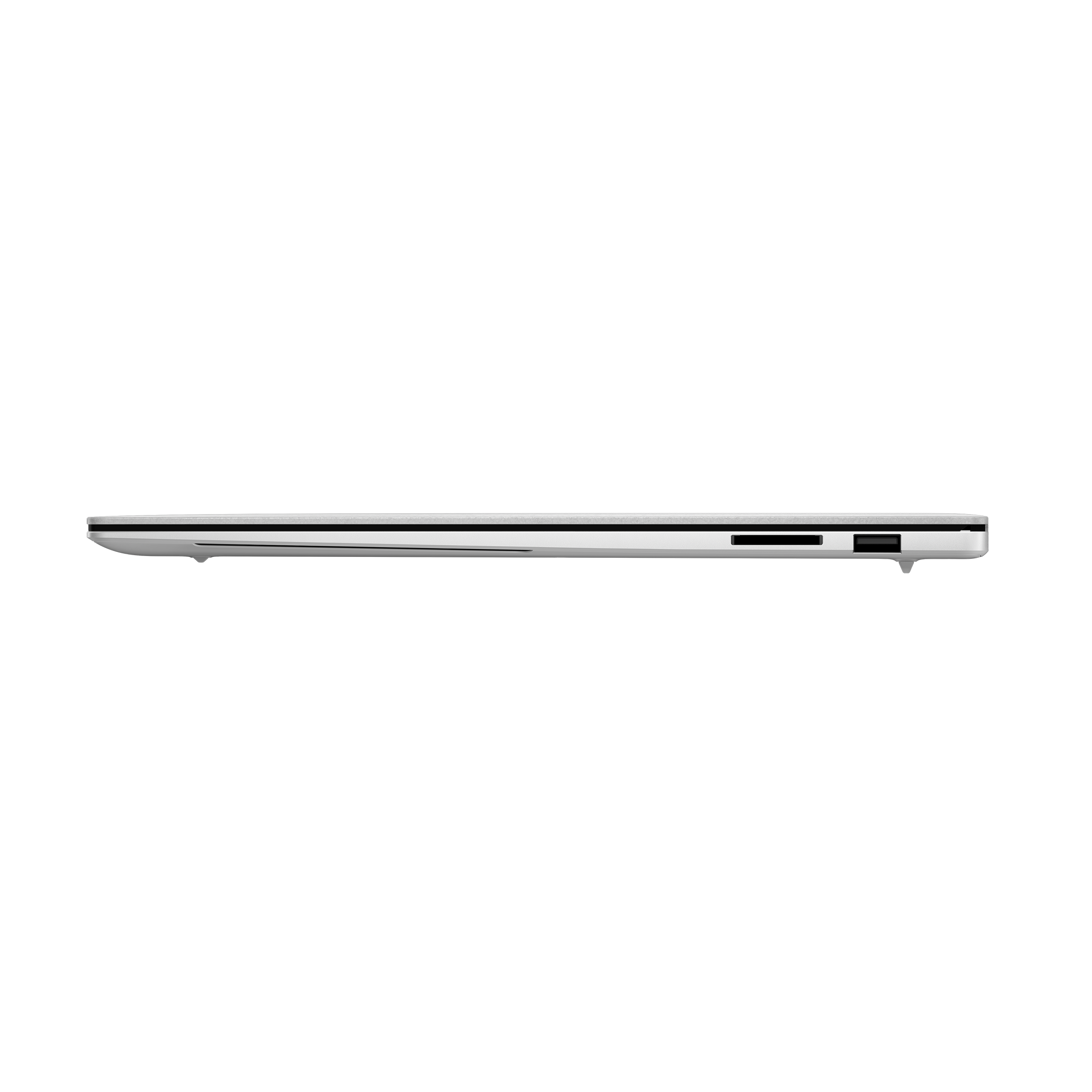 Seitenansicht eines schlanken, silbernen Laptops mit Anschlüssen an der Seite.