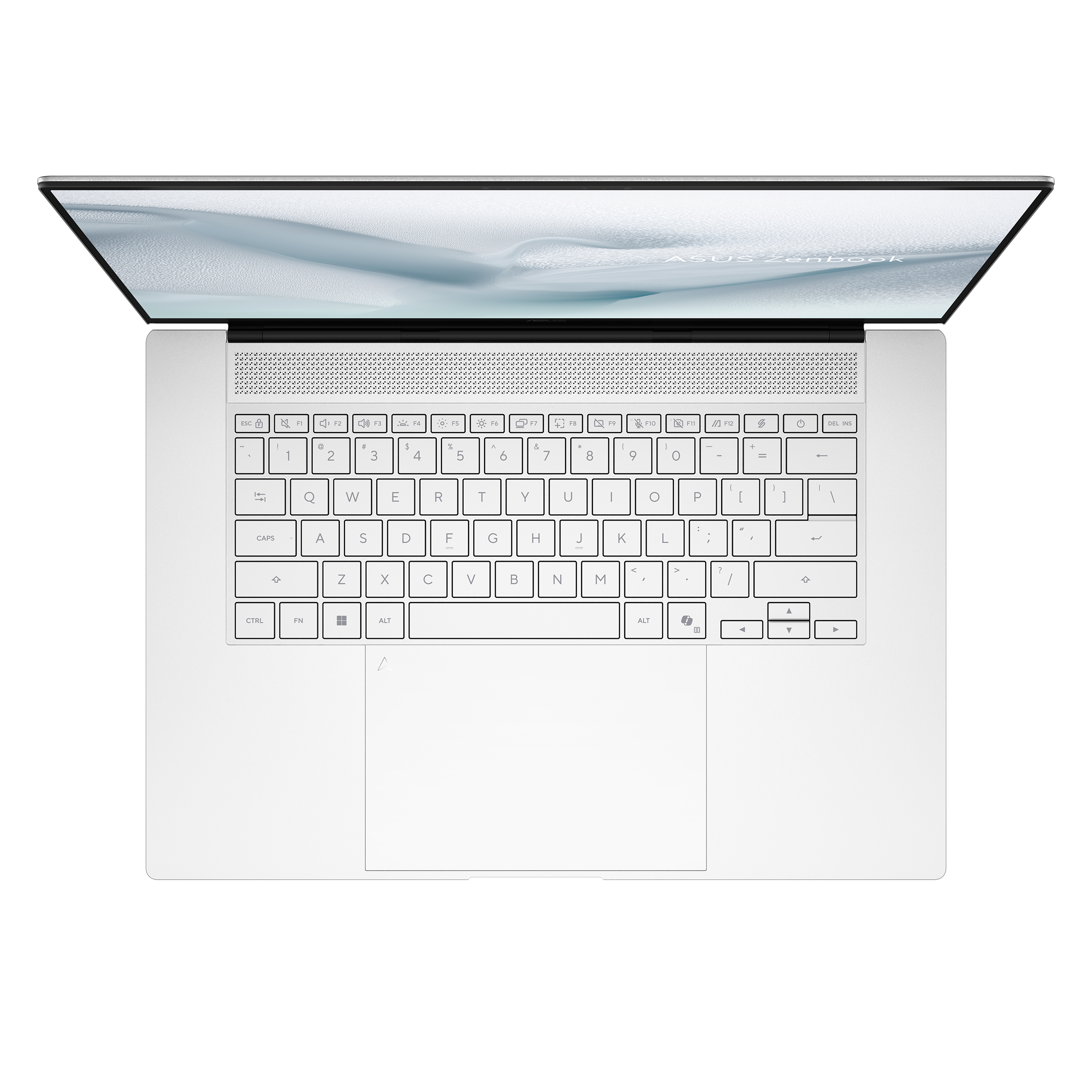 Ein weißer Laptop mit geöffnetem Bildschirm und Tastatur, aus der Vogelperspektive.