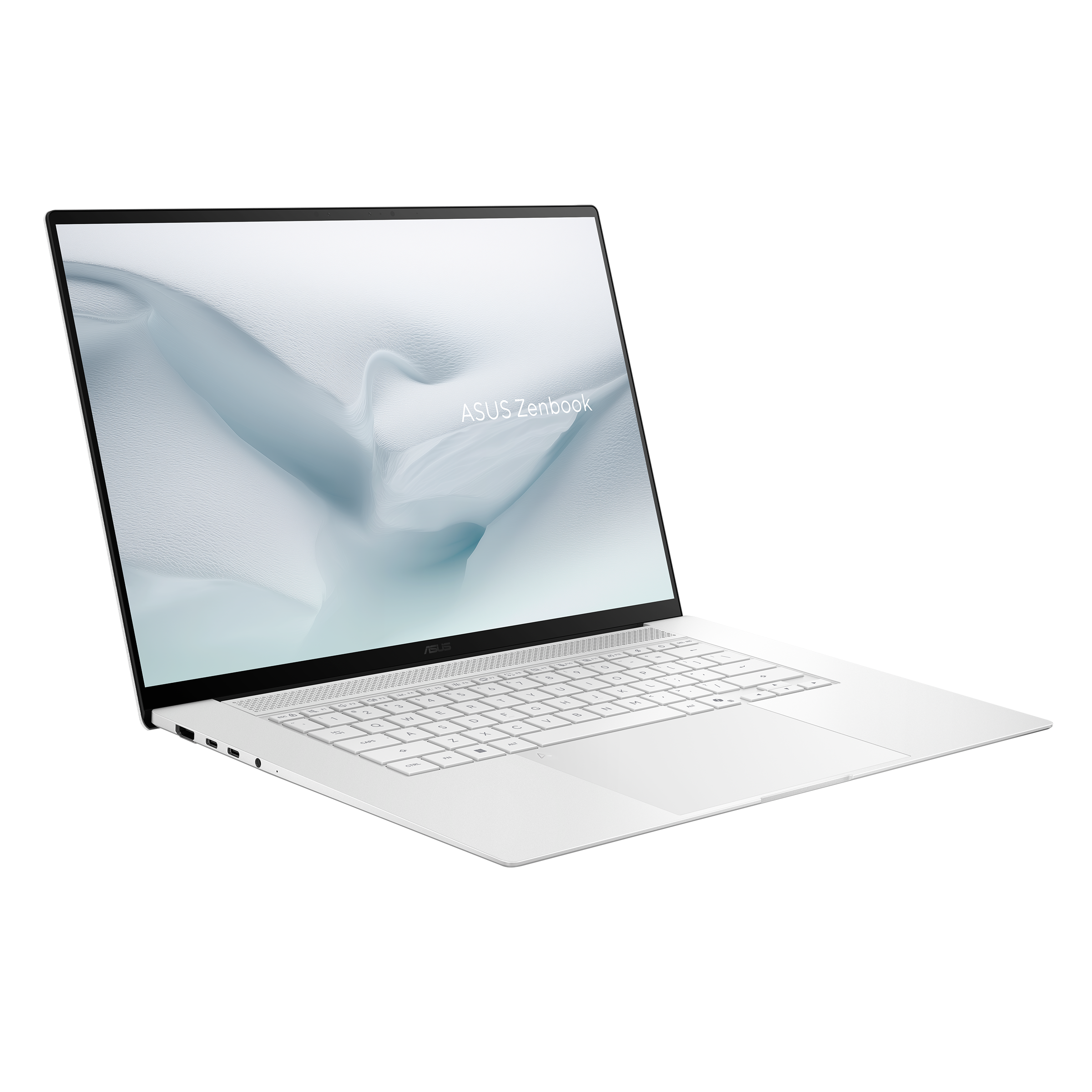 Ein weißer ASUS Zenbook Laptop mit beleuchteter Tastatur und silbernen Anschlüssen.