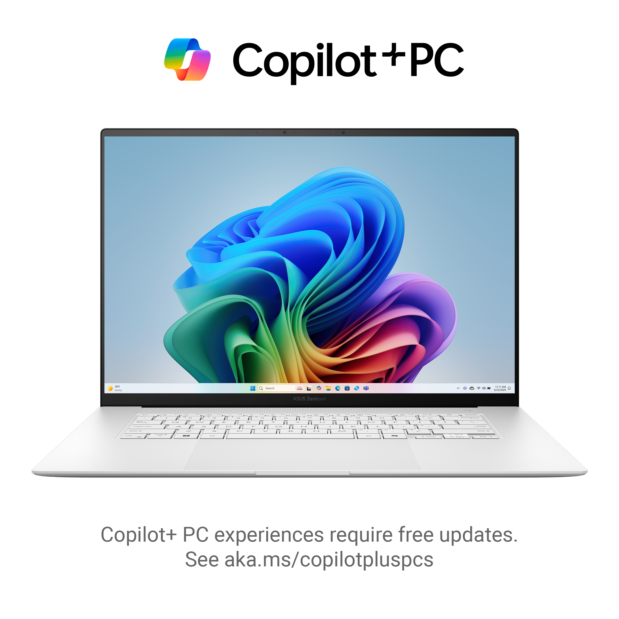 Ein silberner Laptop mit einem bunten Desktop-Hintergrund und dem Copilot+-Logo.