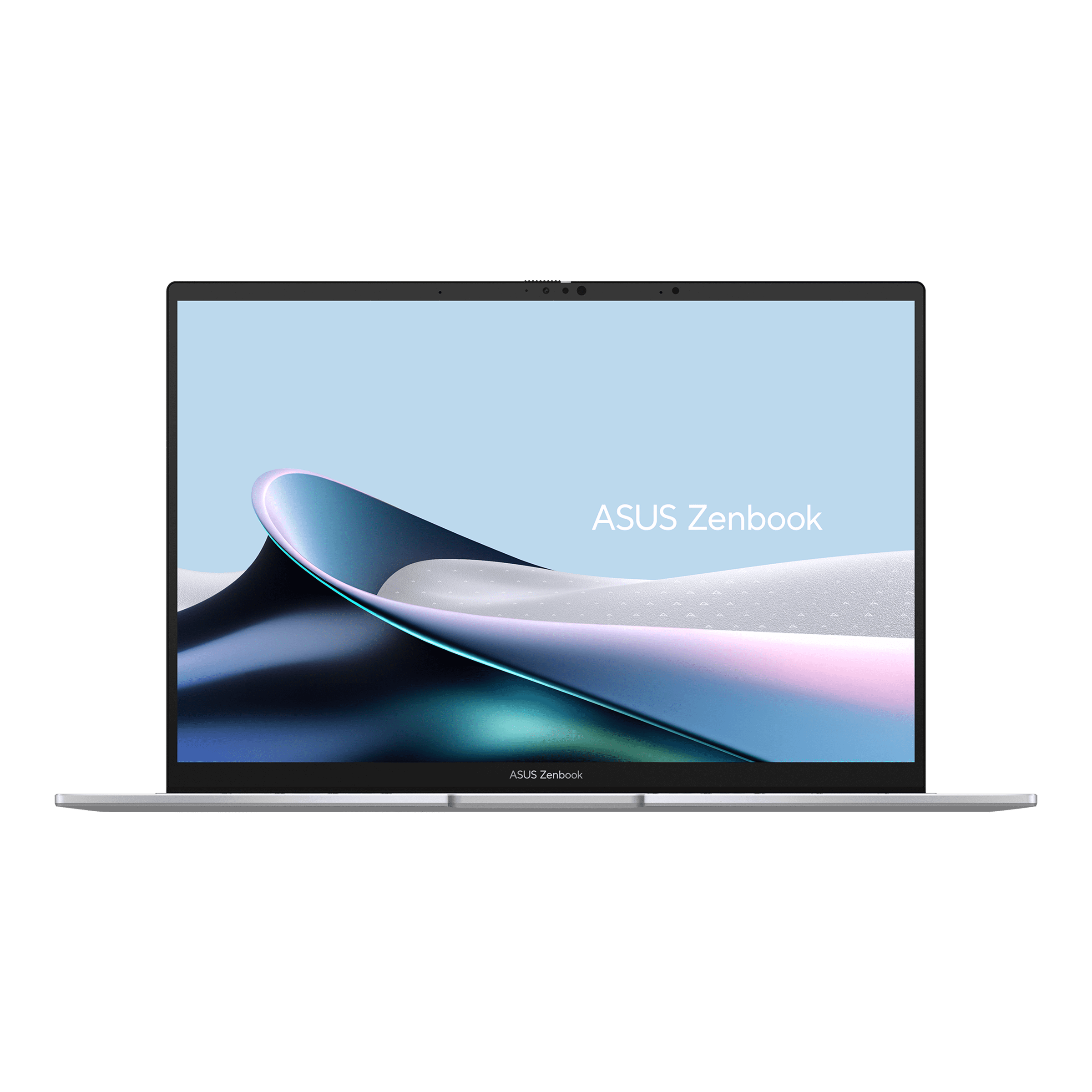 Ein silberner Asus Zenbook Laptop mit einem abstrakten, bunten Hintergrund.