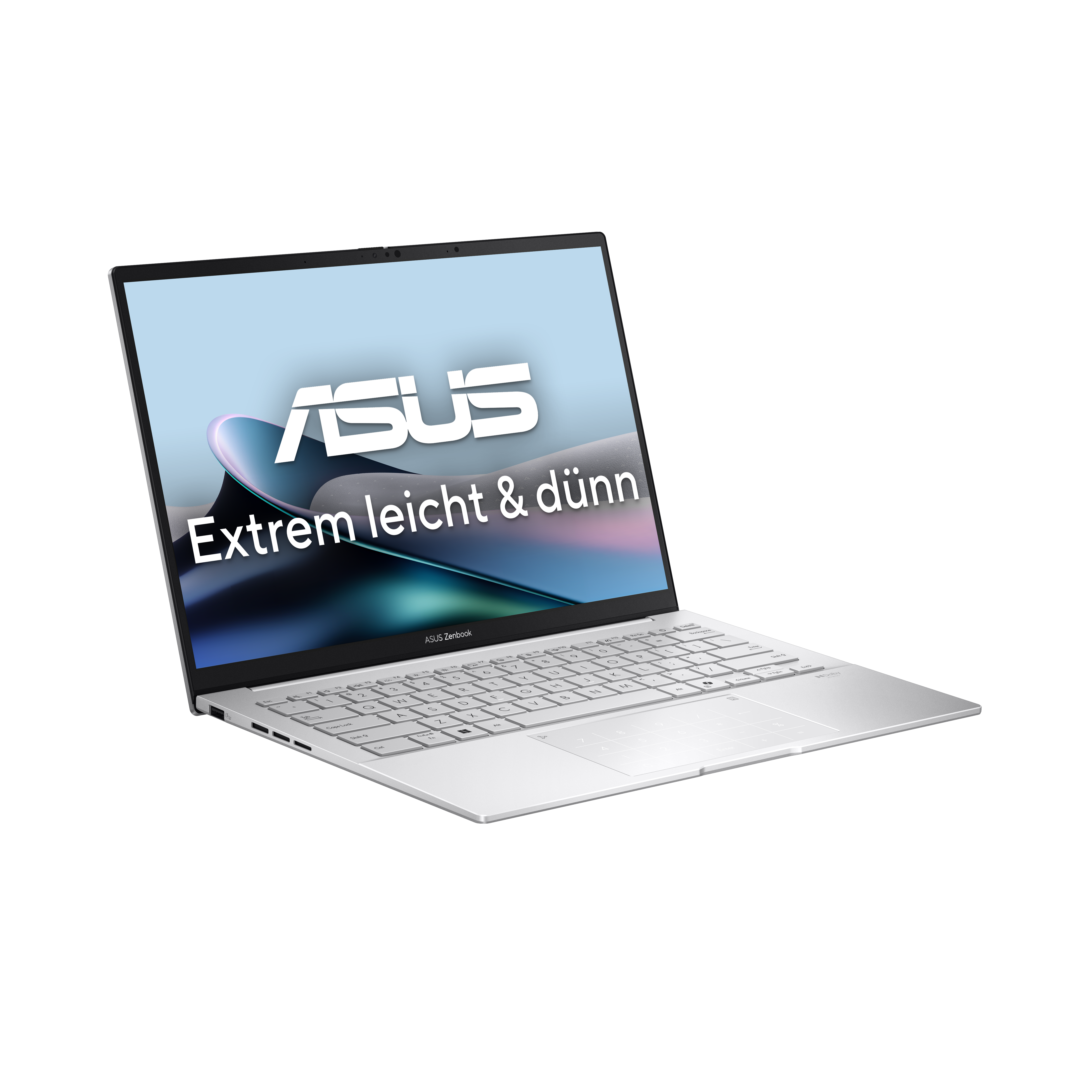 Ein silbernes Asus Zenbook Laptop mit beleuchteter Tastatur und Nummernblock auf dem Touchpad.