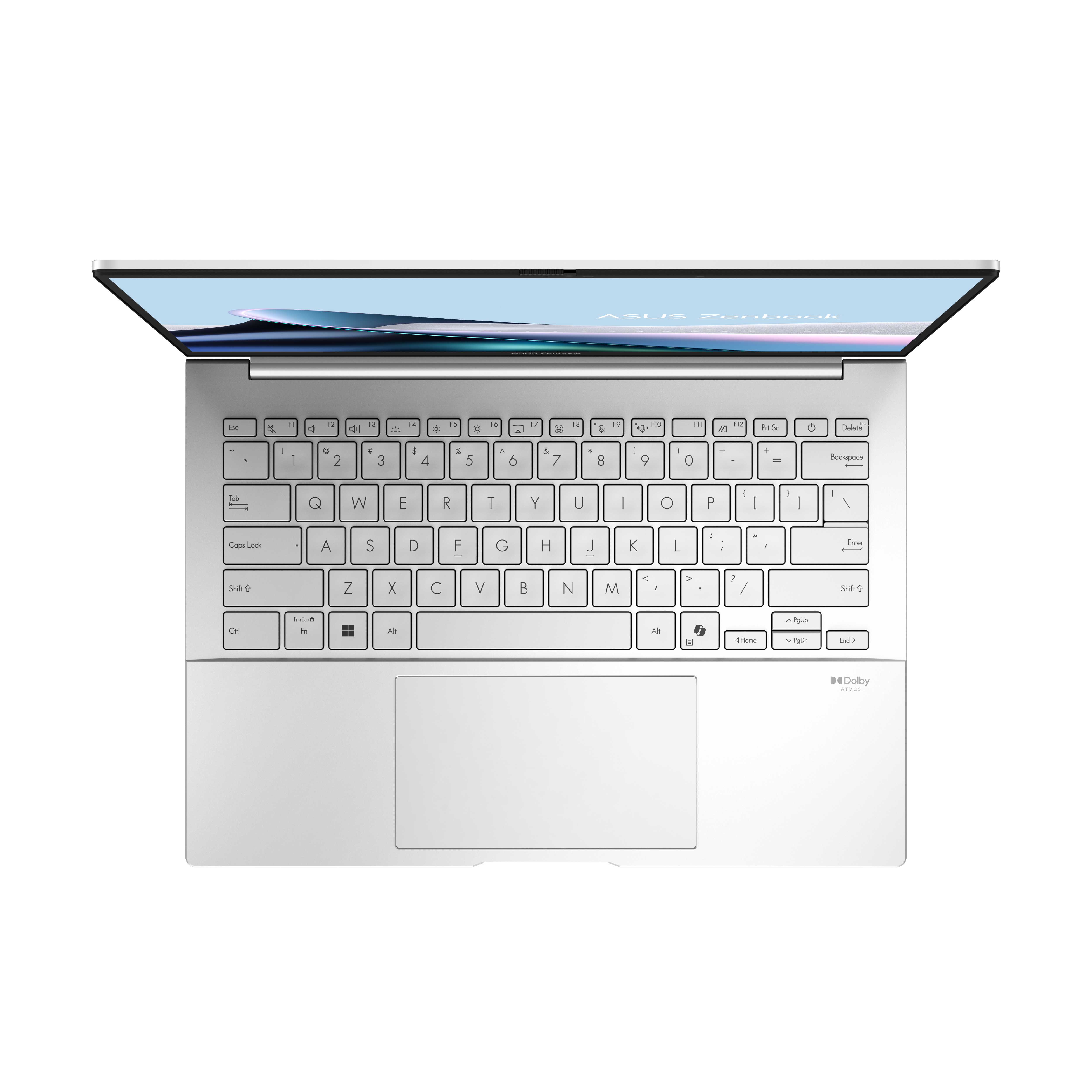Ein silberner Laptop von oben, mit Tastatur und Touchpad.