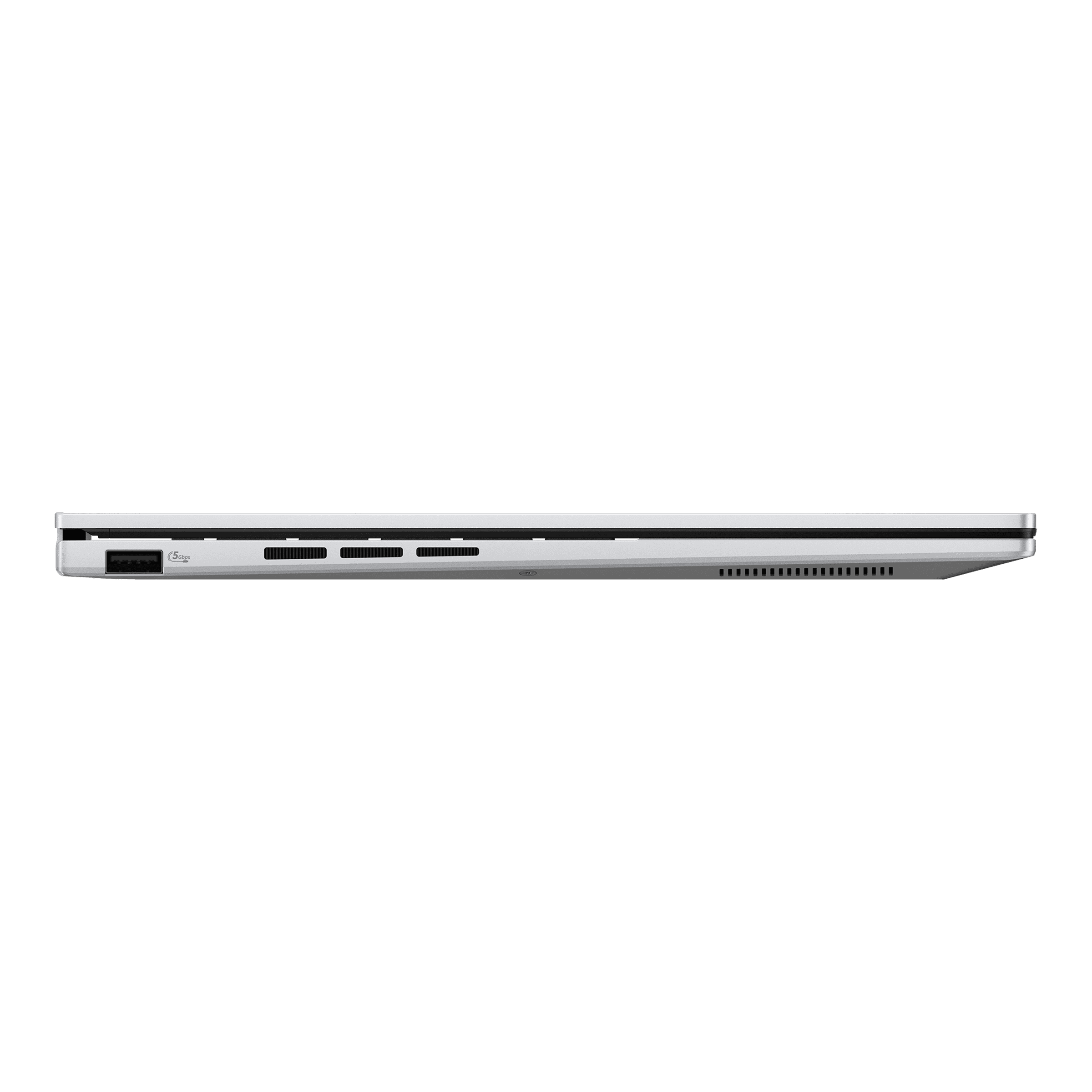 Die Seite eines silbernen Laptops mit USB-Anschlüssen und Lüftungsschlitzen.