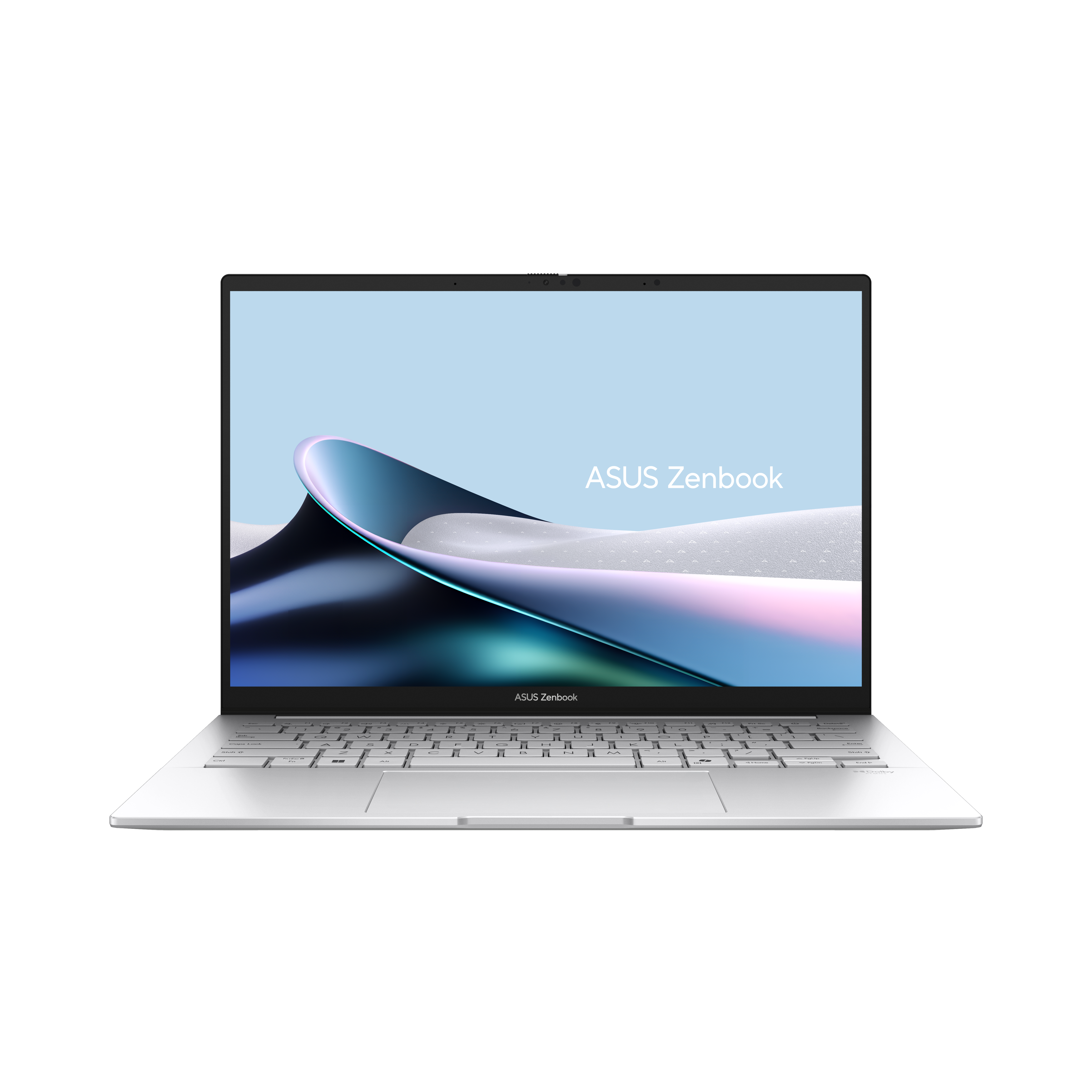 Ein offener silberner Asus Zenbook Laptop mit einem abstrakten, bunten Hintergrund.