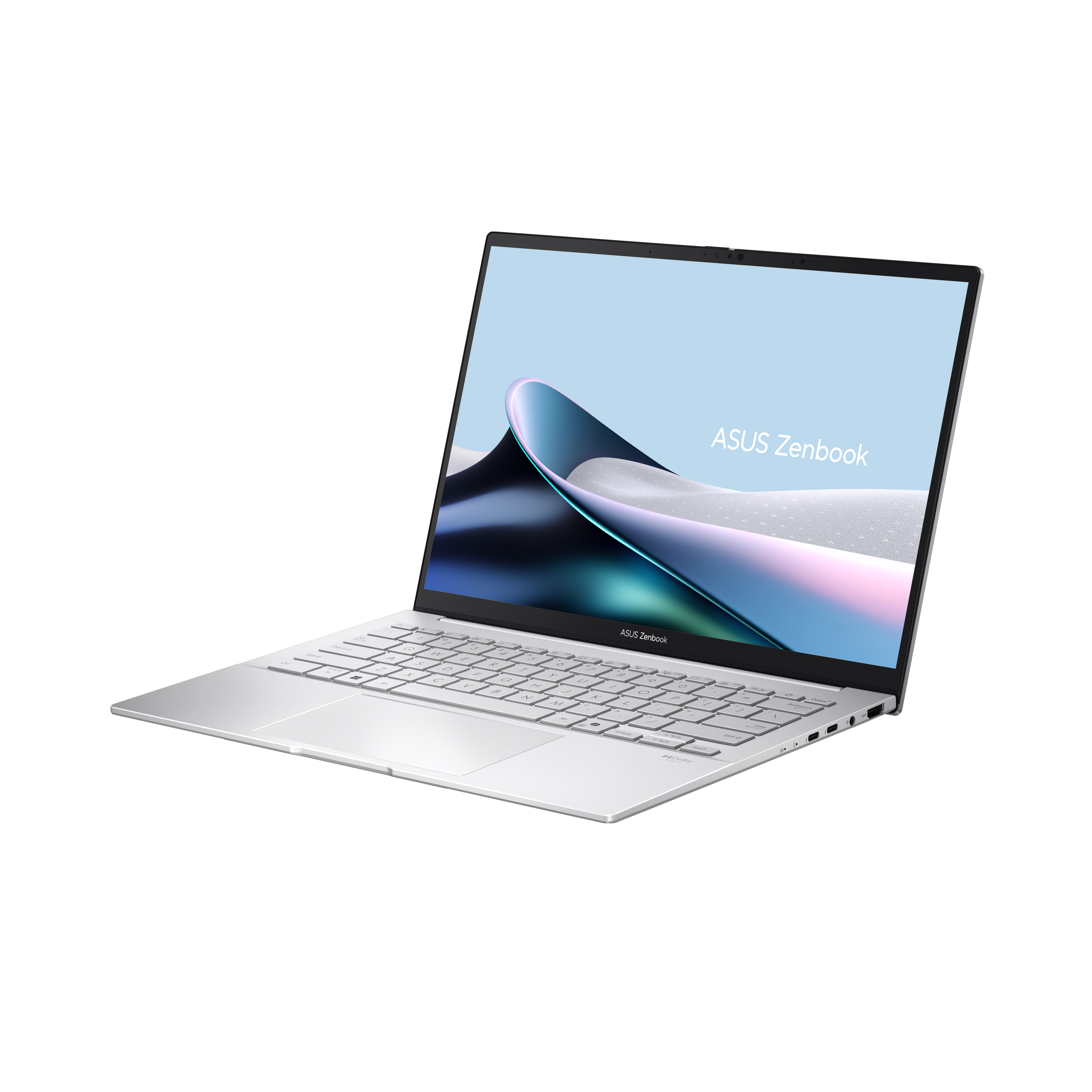 Ein silberner ASUS Zenbook Laptop ist geöffnet und zeigt ein pastellfarbenes abstraktes Hintergrundbild und eine Tastatur.
