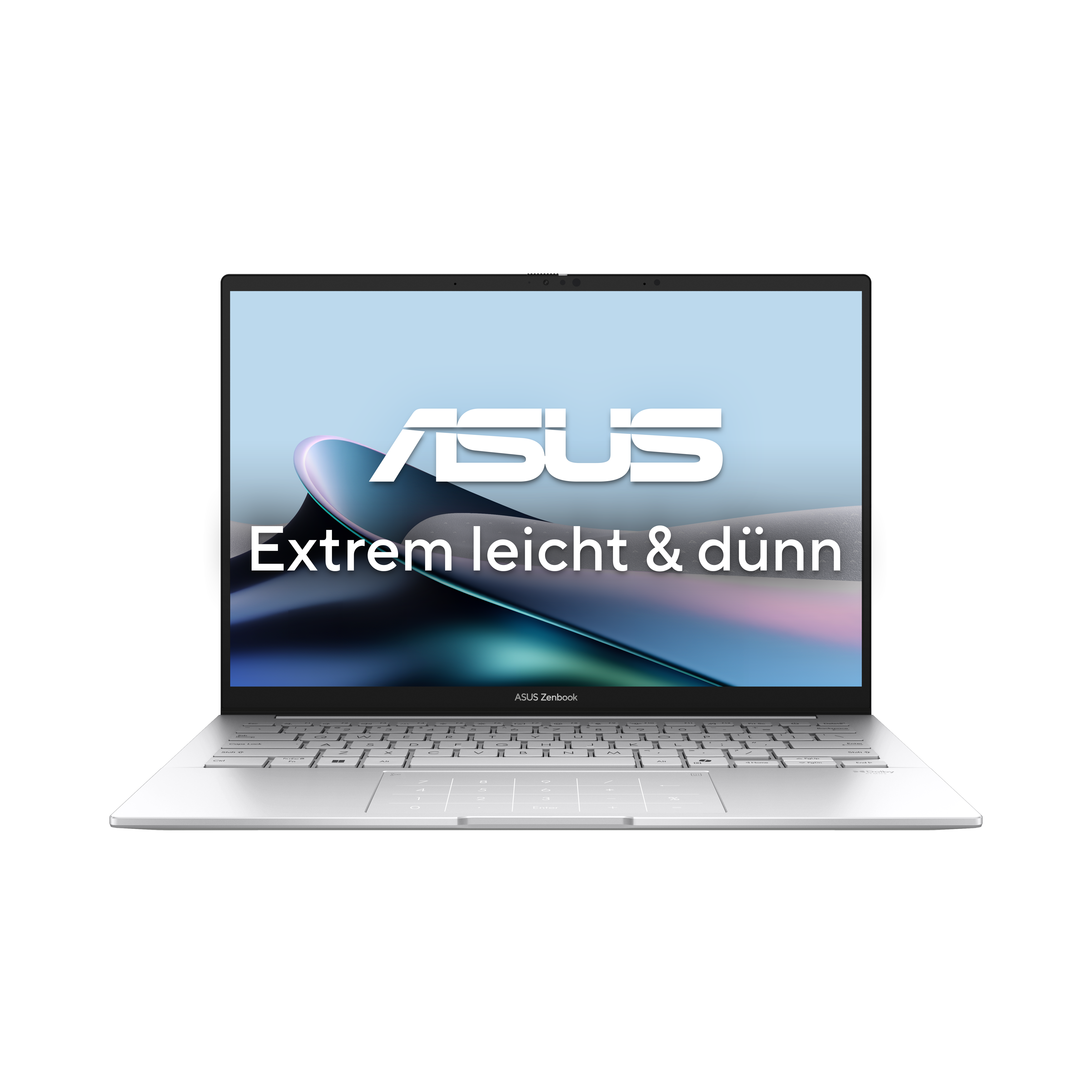 Ein silberner Asus Zenbook Laptop mit dem Schriftzug "Extrem leicht & dünn".