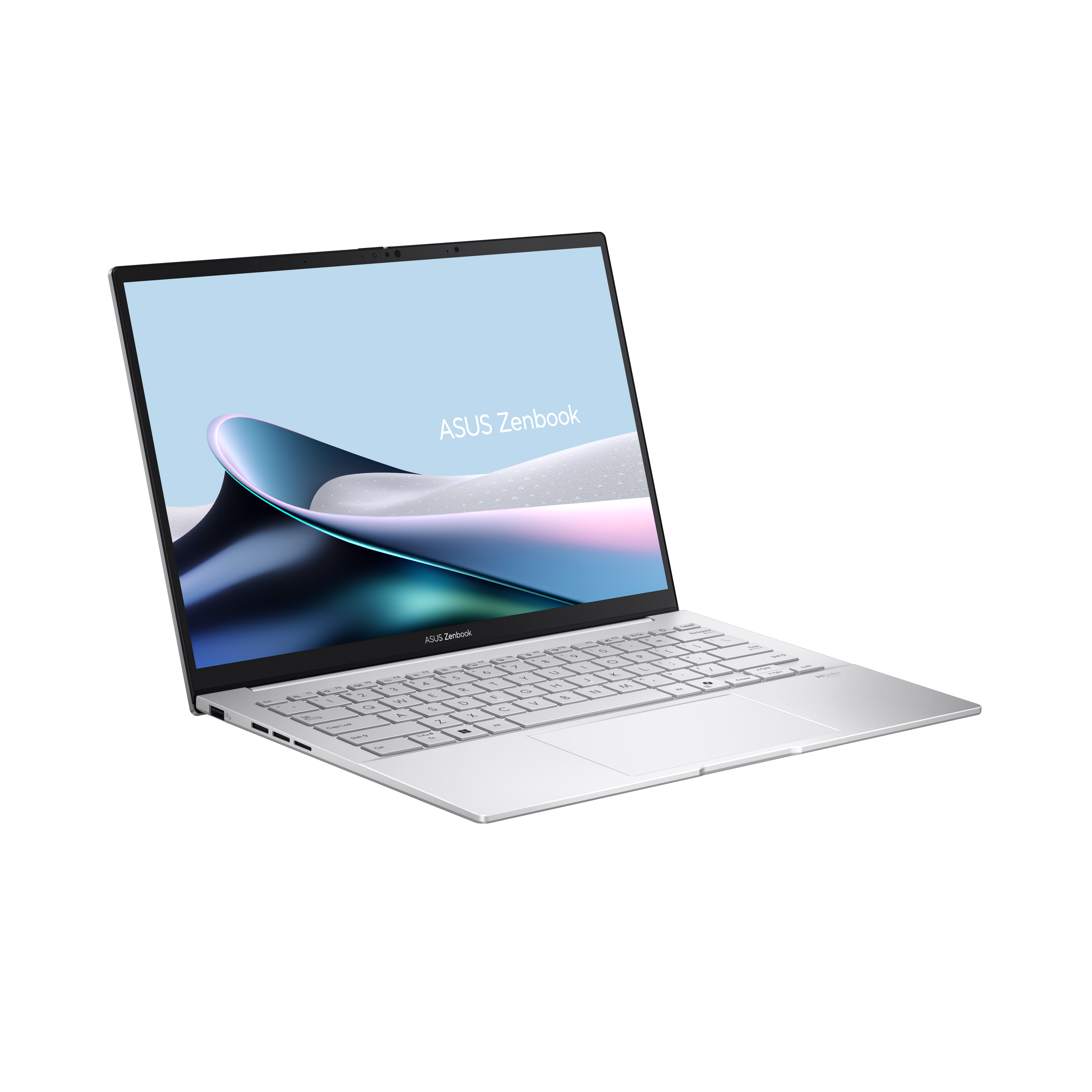 Ein silberner ASUS Zenbook Laptop ist geöffnet und zeigt eine abstrakte Grafik.