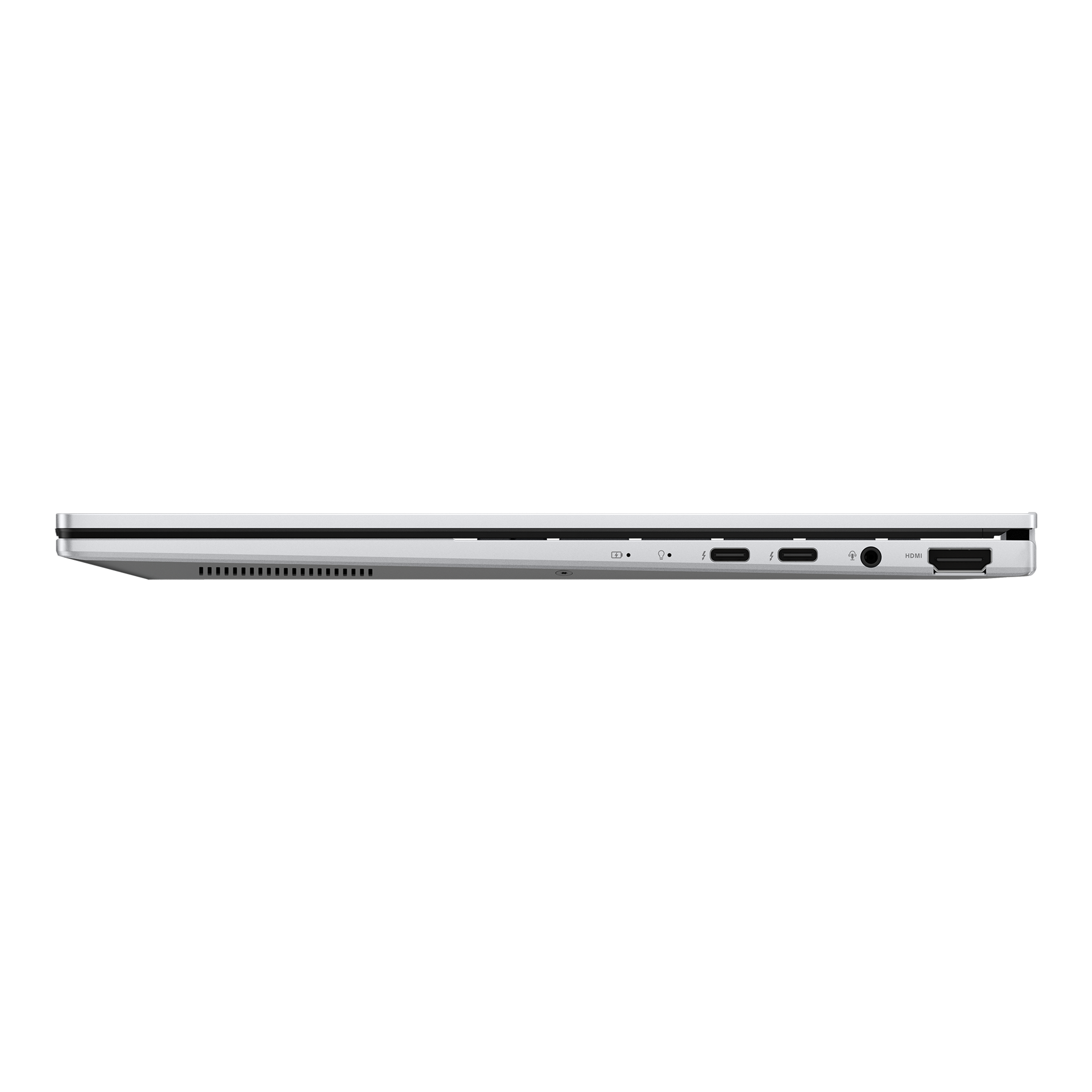 Detailansicht einer Laptoptastatur mit Anschlüssen wie HDMI und USB-C.