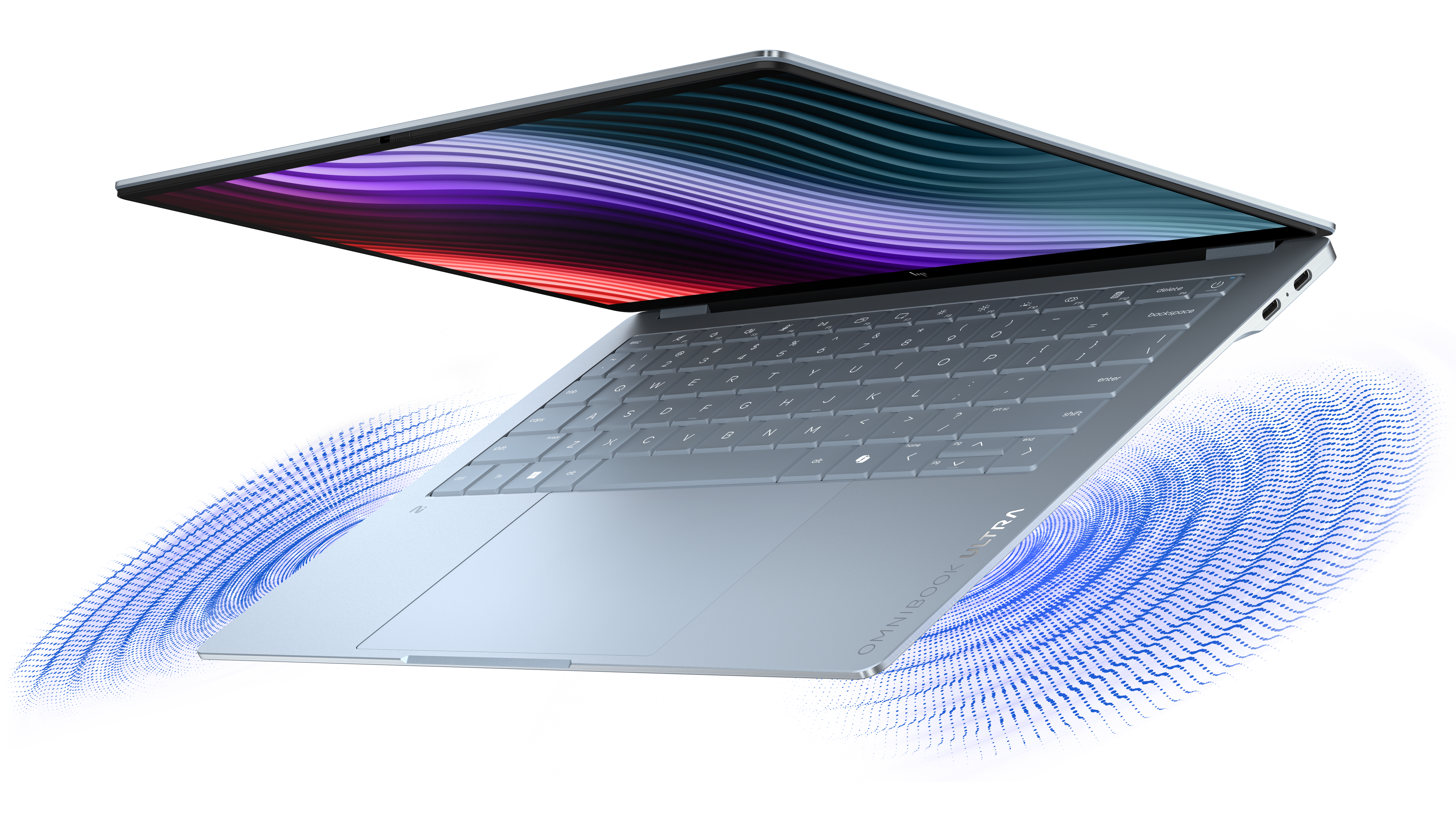 Ein hellblauer Laptop ist geöffnet, mit buntem Bildschirm und leuchtenden blauen Schallwellen.