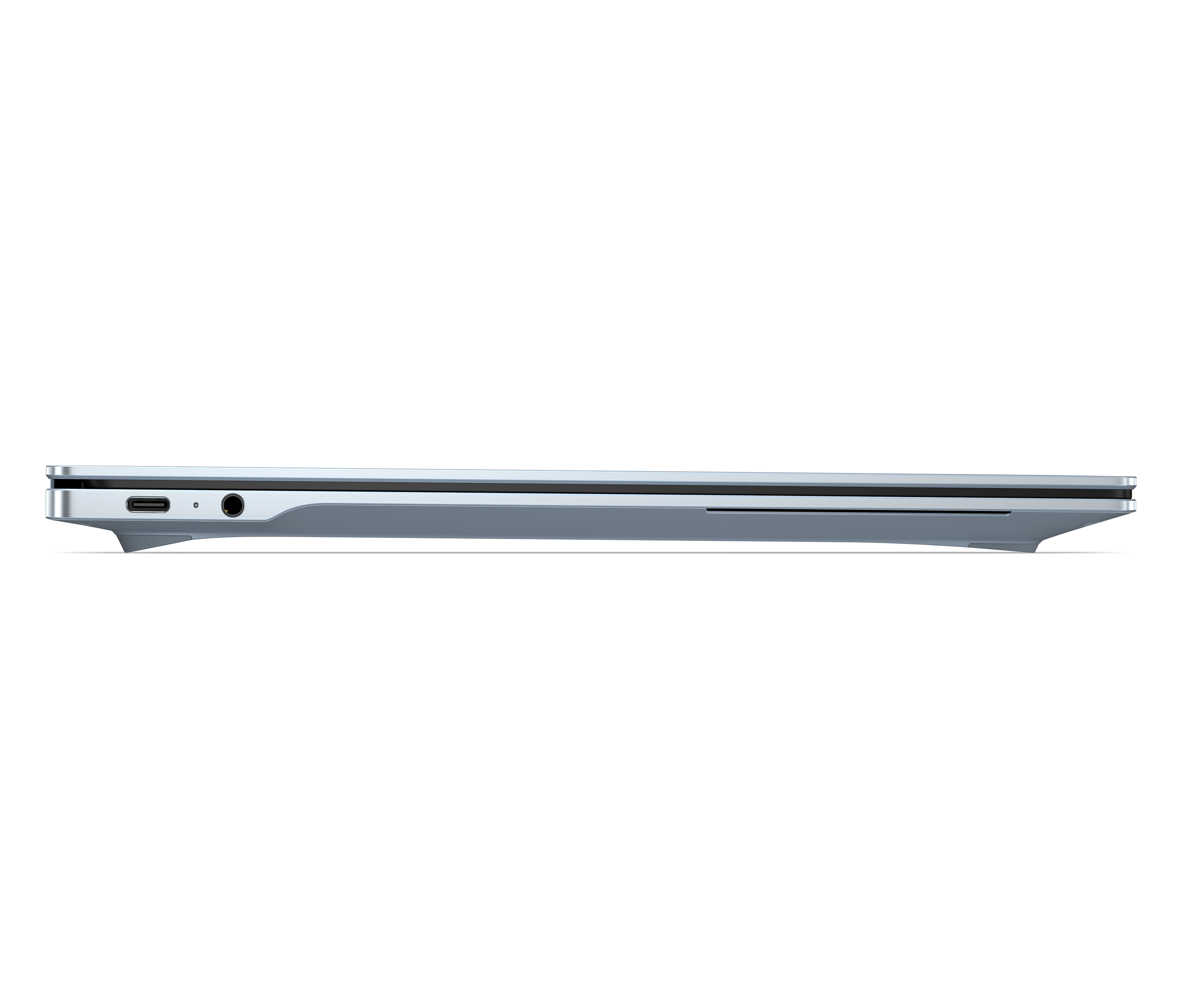 Seitenansicht eines geschlossenen silbernen Laptops mit sichtbaren USB-C- und Kopfhöreranschlüssen.