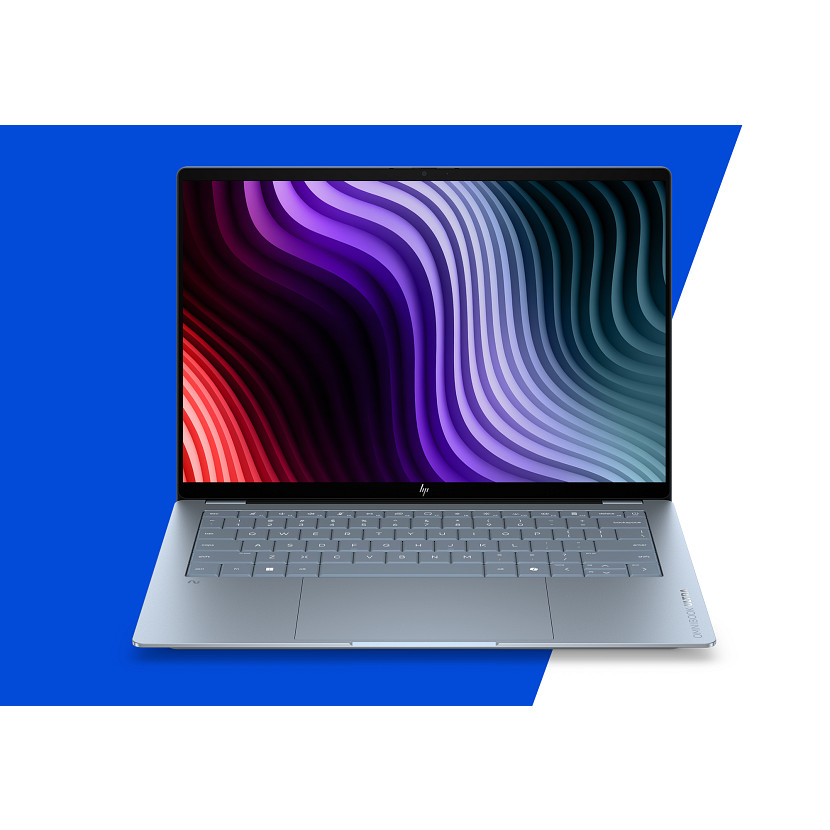 Ein silberner Laptop mit einem bunten, wellenförmigen Hintergrund auf dem Bildschirm.