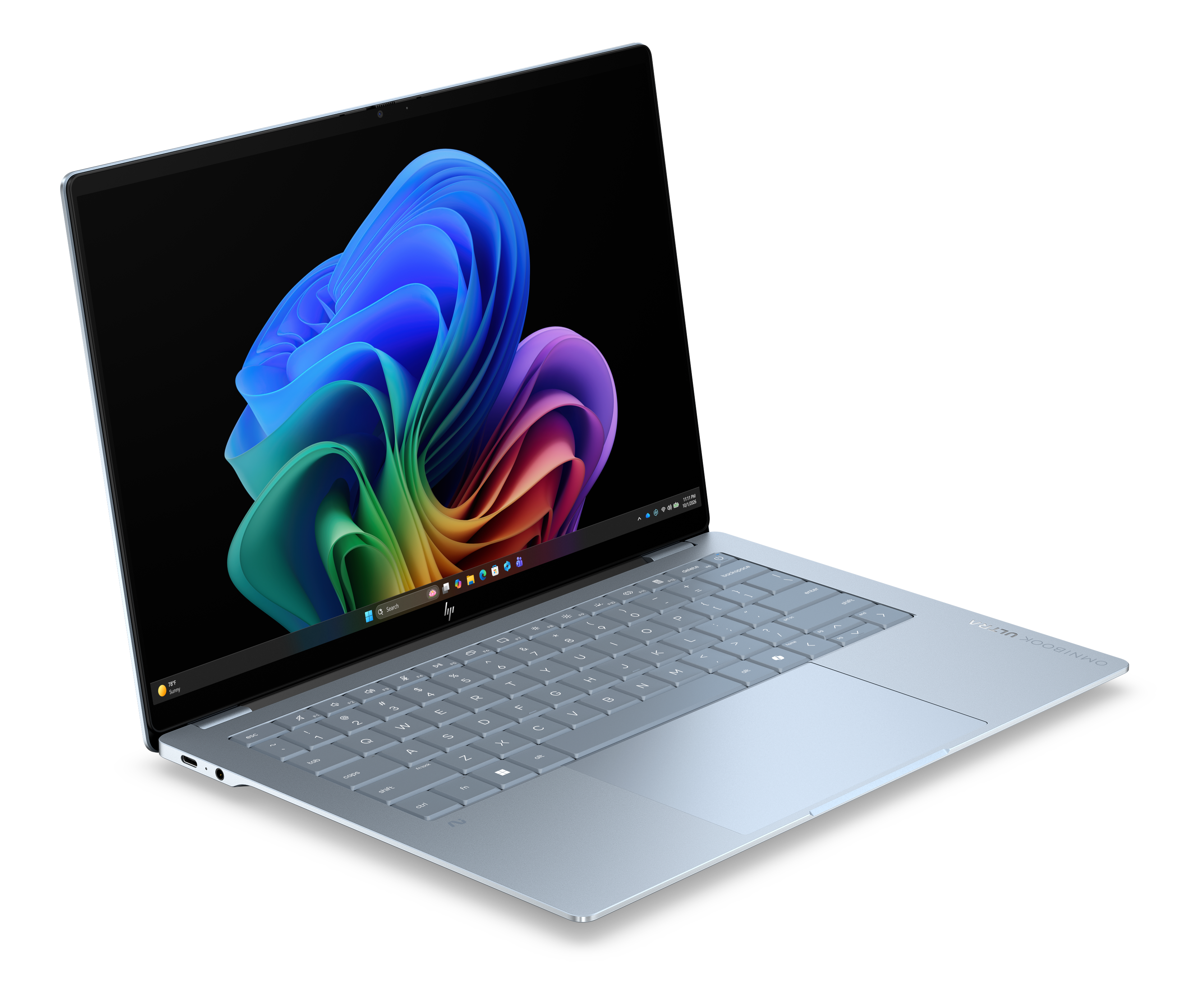 Ein hellblaues HP Omnibook Ultra Notebook mit einem bunten Hintergrundbild.