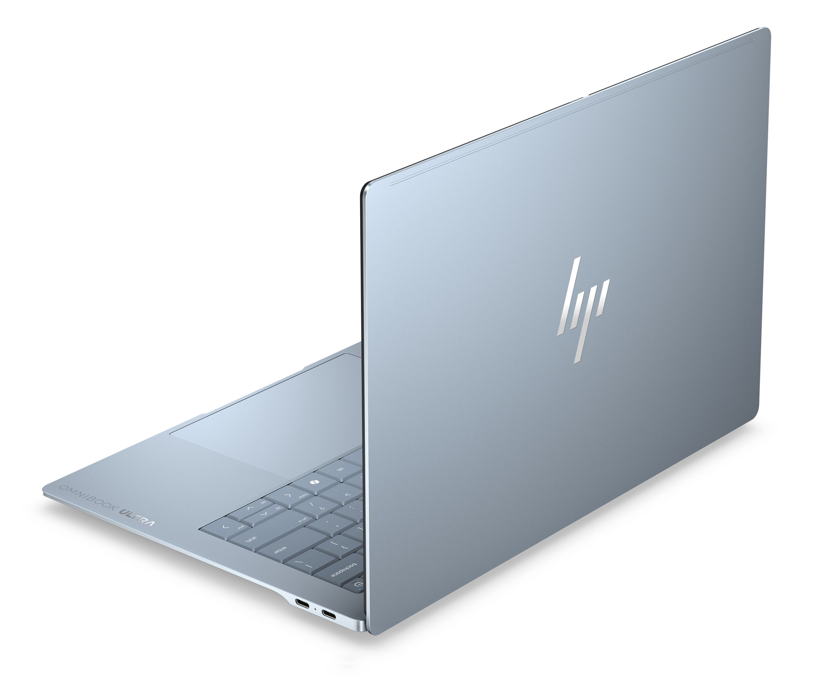 Ein hellblauer HP Omnibook Ultra Laptop mit silbernem Logo, teilweise geöffnet, schwarzer Hintergrund.