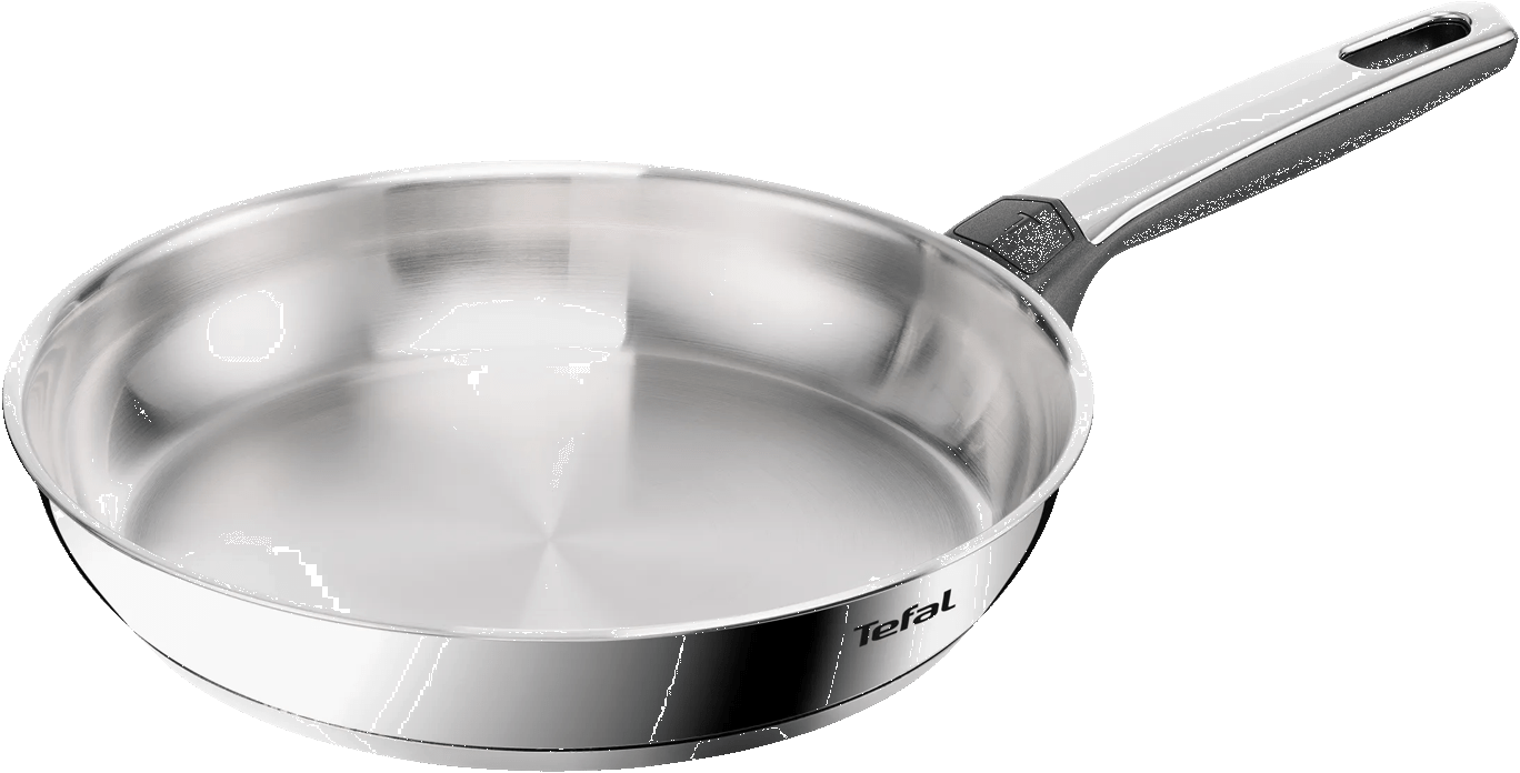 Eine silberne Pfanne mit einem schwarzen Griff und dem Tefal-Logo.