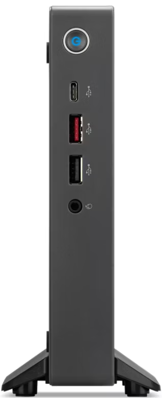 Fekete mini PC USB-C, USB-A, audio csatlakozóval és bekapcsológombbal.