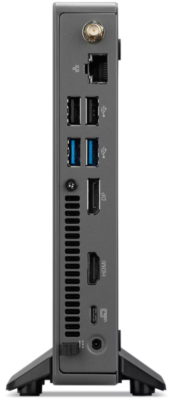 Szürke mini PC portokkal: antenna, Ethernet, USB-A, USB-C, DP, HDMI, táp.
