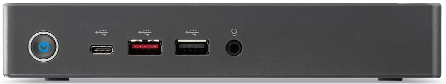 Sötétszürke számítógép bekapcsológombbal, USB-C, USB-A és fejhallgató-csatlakozóval.