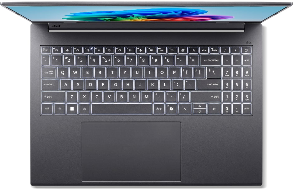 Nyitott, sötétszürke Acer laptop felülnézetből, színes háttérképpel és háttérvilágítású billentyűzettel.