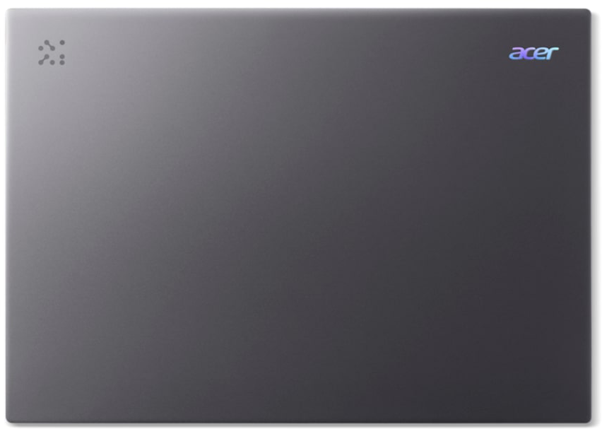 Szürke laptop fedlap Acer logóval és kis pötty mintával a bal felső sarokban.