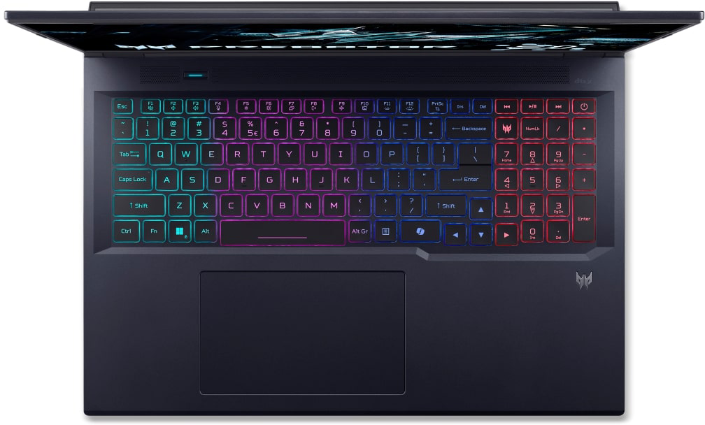 Sötétkék laptop kék és rózsaszín háttérvilágítású billentyűzettel.