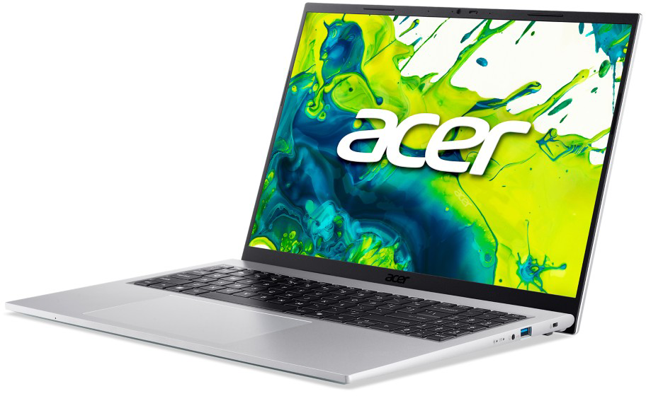 Egy nyitott ezüst Acer laptop színes háttérrel a képernyőjén.